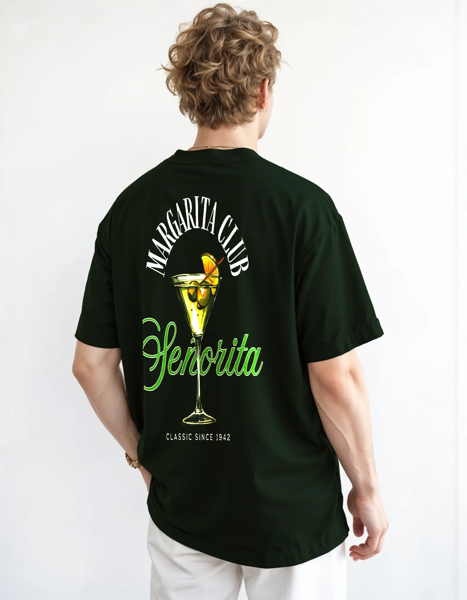 Empulse™ Margarita Club t-shirt in forest green Sorona blend with lime cocktail glass backprint, worn by male model