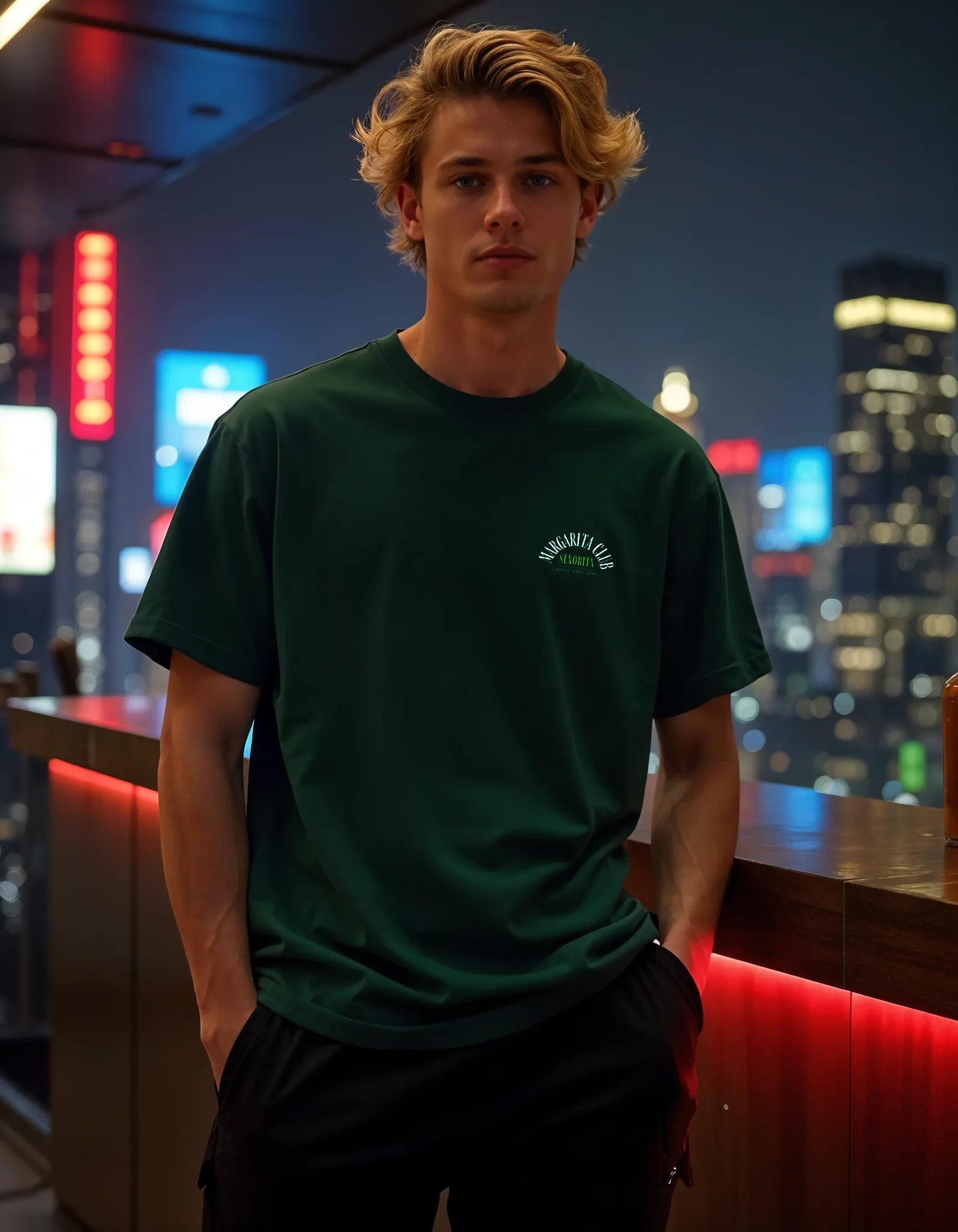 Empulse™ green Margarita Sorona tee styled in neon-lit lounge setting, showcasing glow-in-the-dark style graphics