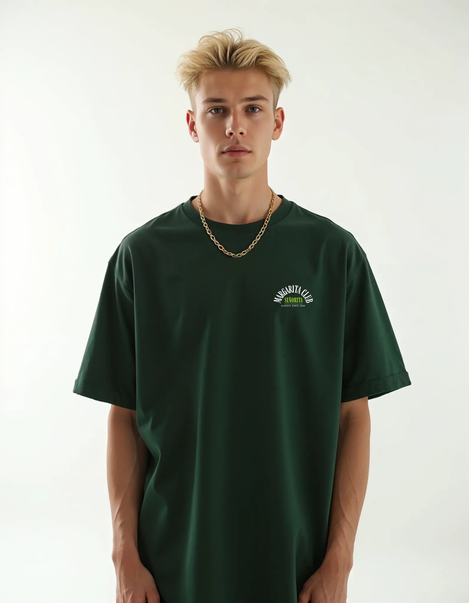 Empulse™ forest green Margarita Club t-shirt worn by male model in neutral stance, showing front fit