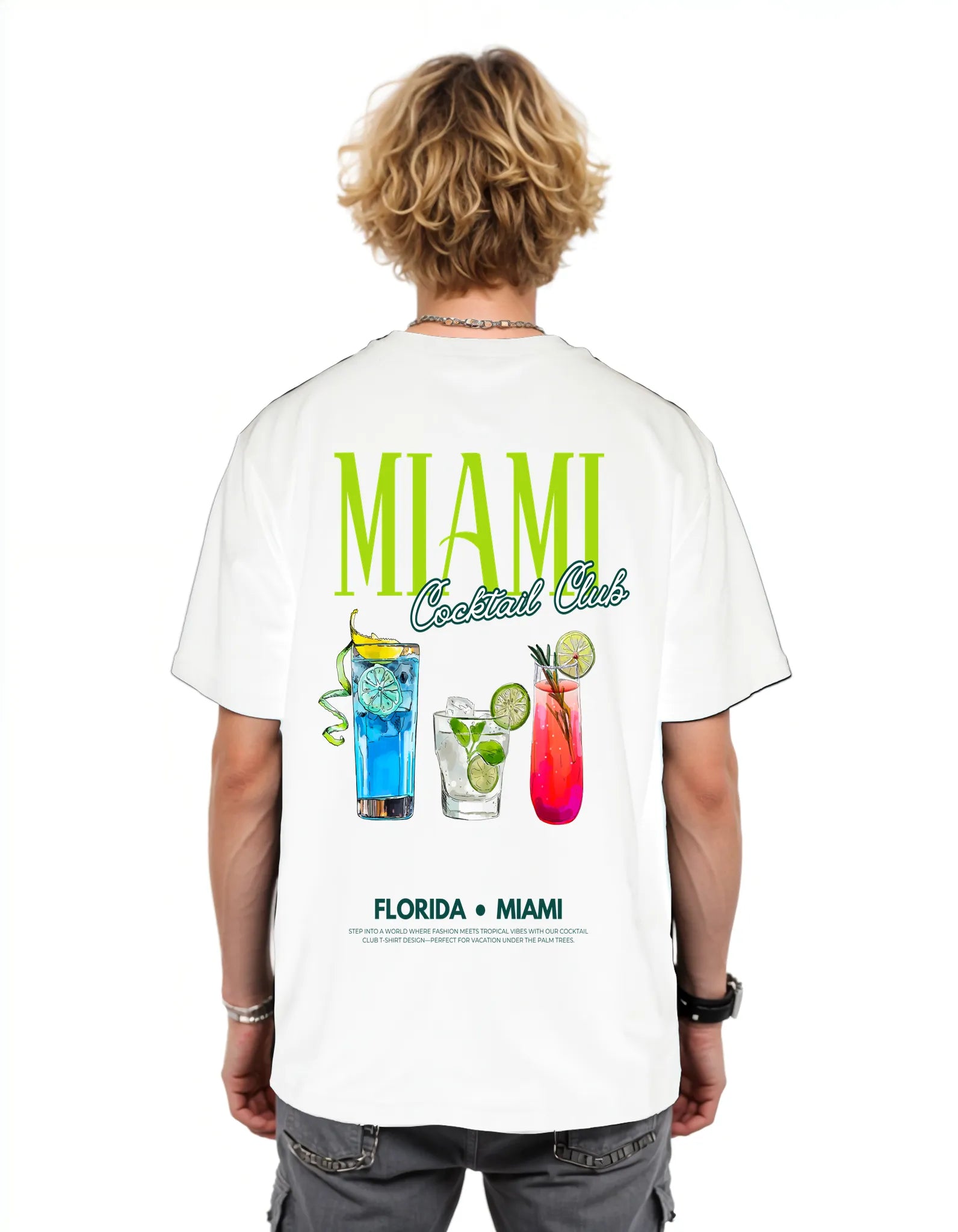 Empulse™ Sorona tee in white showing large Miami Club backprint with colorful cocktail illustrations