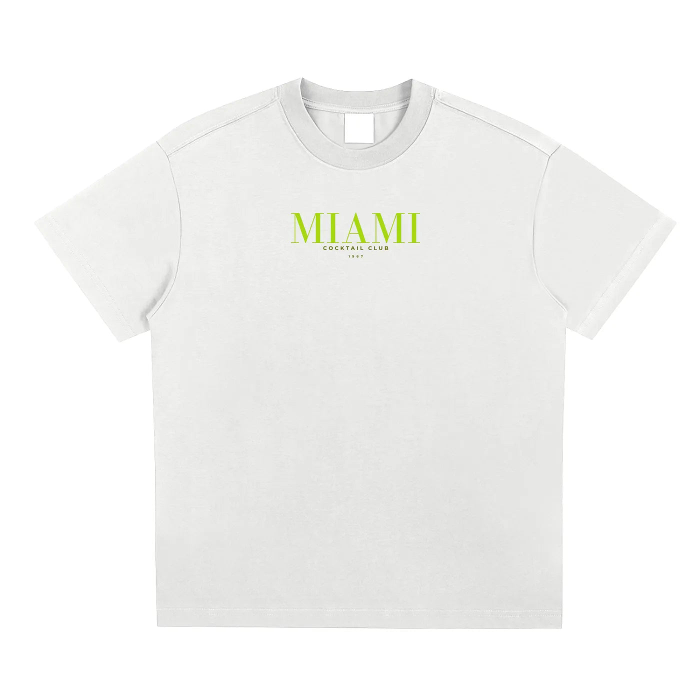 Flatlay of Empulse™ Miami Club t-shirt in white showing both front and back Sorona cotton design