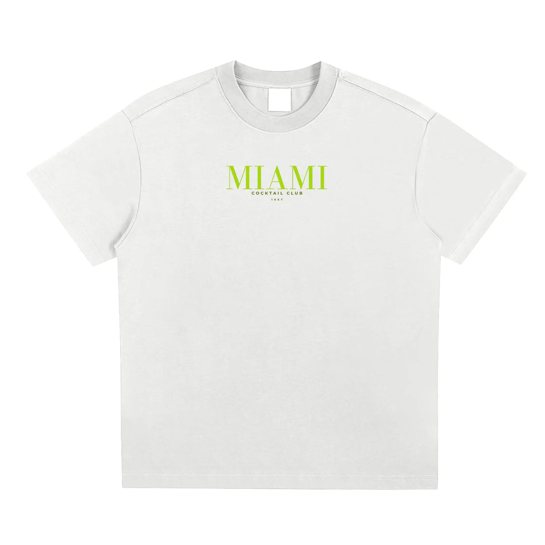 Flatlay of Empulse™ Miami Club t-shirt in white showing both front and back Sorona cotton design