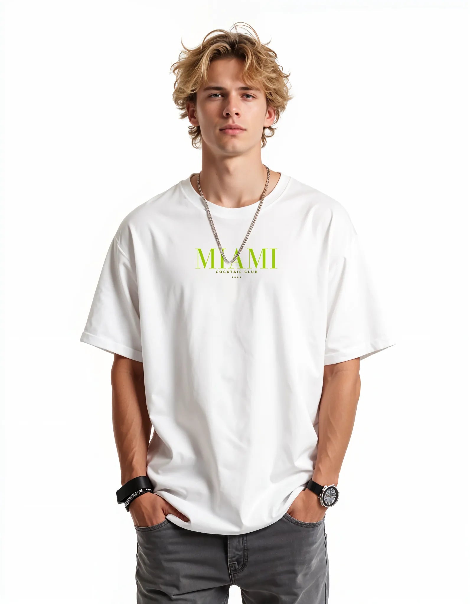 Empulse™ Miami Club t-shirt in white Sorona blend with neon green front logo, styled in relaxed street fit