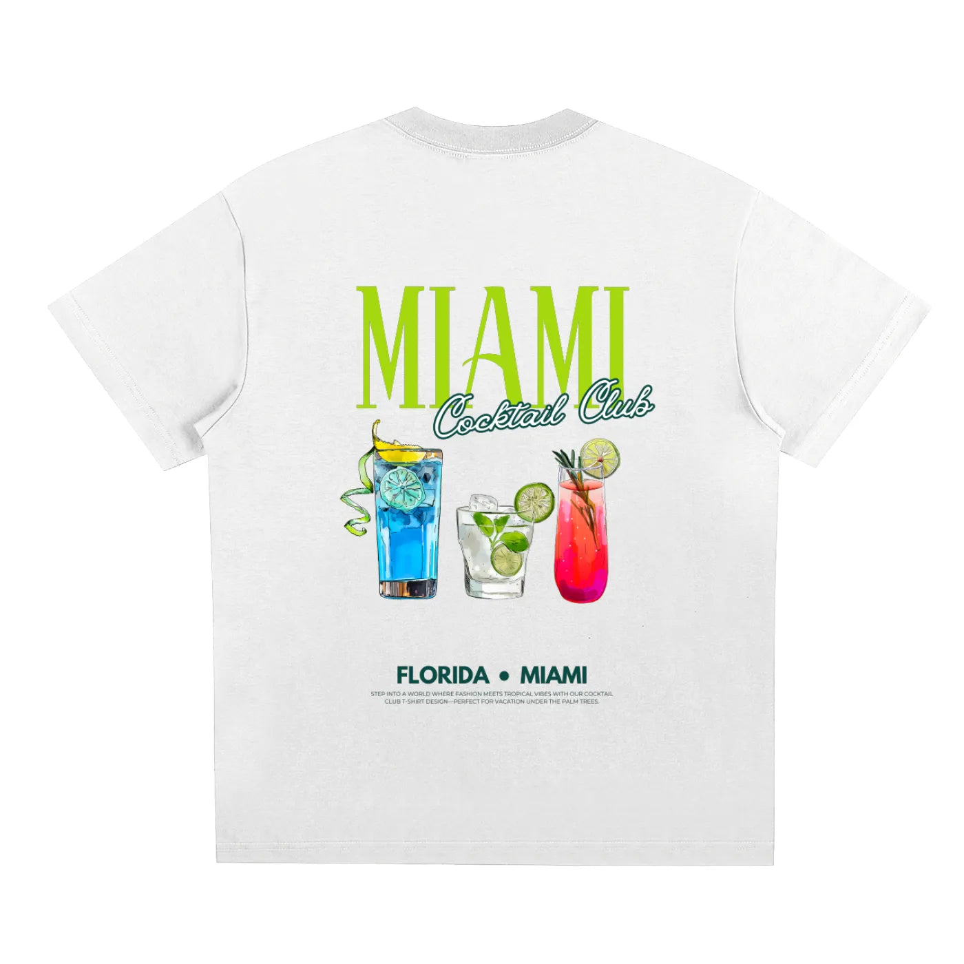 Empulse™ white Sorona t-shirt with MIAMI front logo in neon green and signature relaxed fit