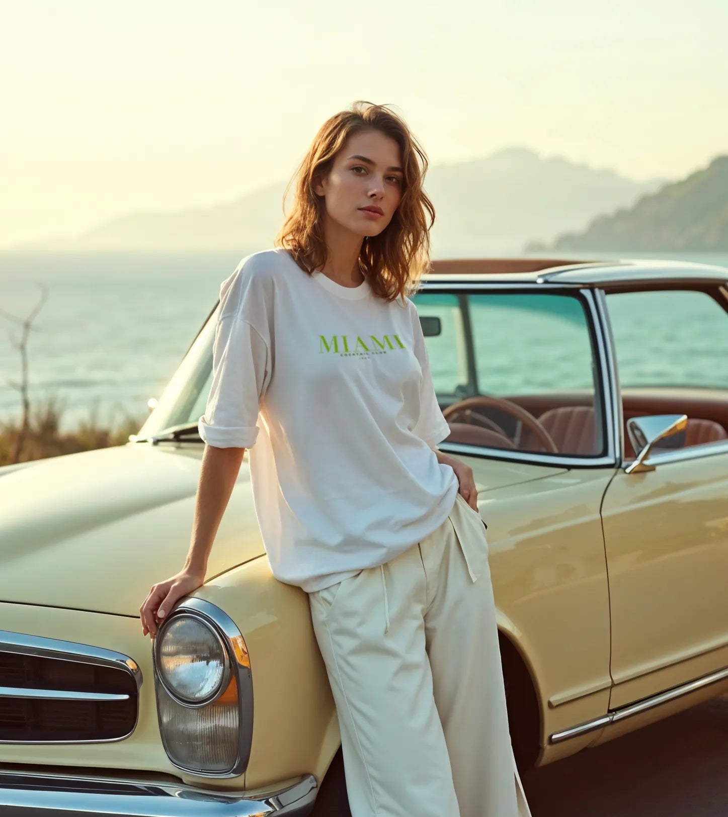 Empulse™ Miami Club white t-shirt styled by female model leaning on retro car with ocean background