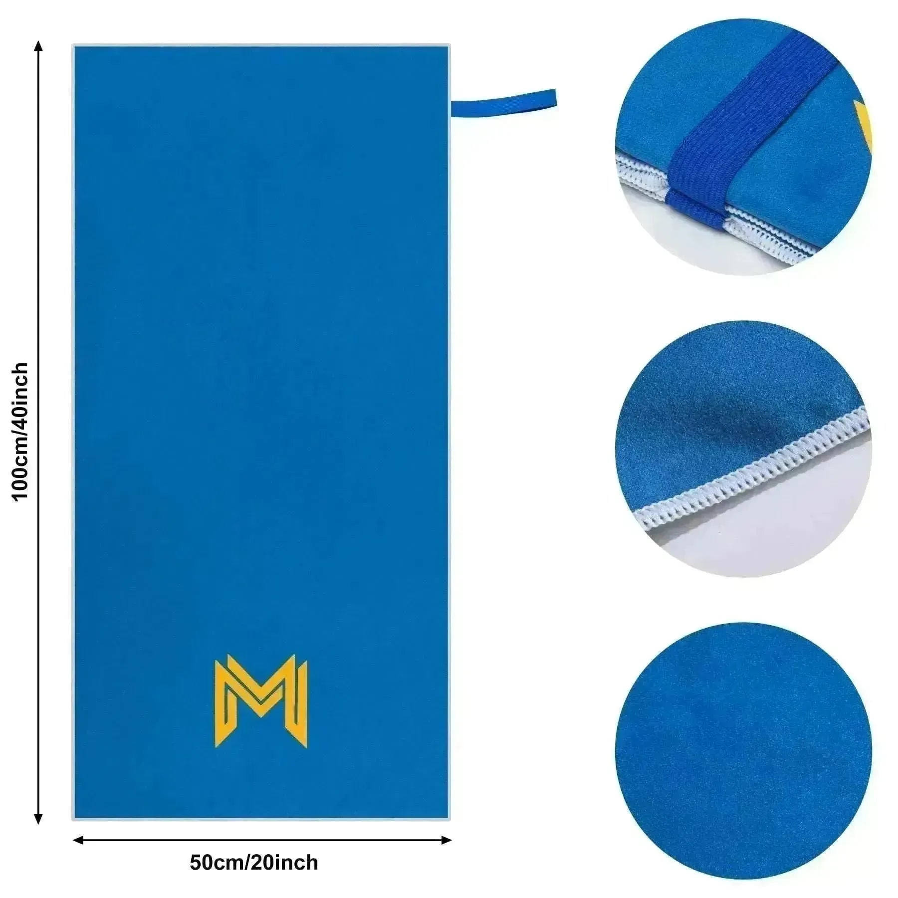 Flat lay of Empulse™ Midnight Burn towel with fabric texture, hanging hook, and yellow M logo