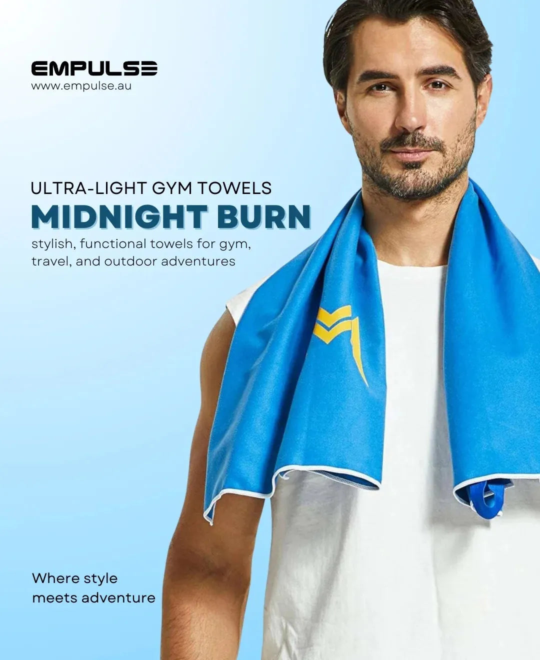 Empulse™ Midnight Burn gym towel promo with male model and bold blue towel branding