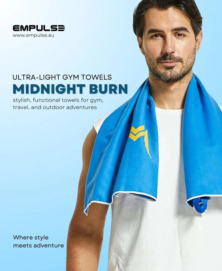 Empulse™ Midnight Burn gym towel promo with male model and bold blue towel branding