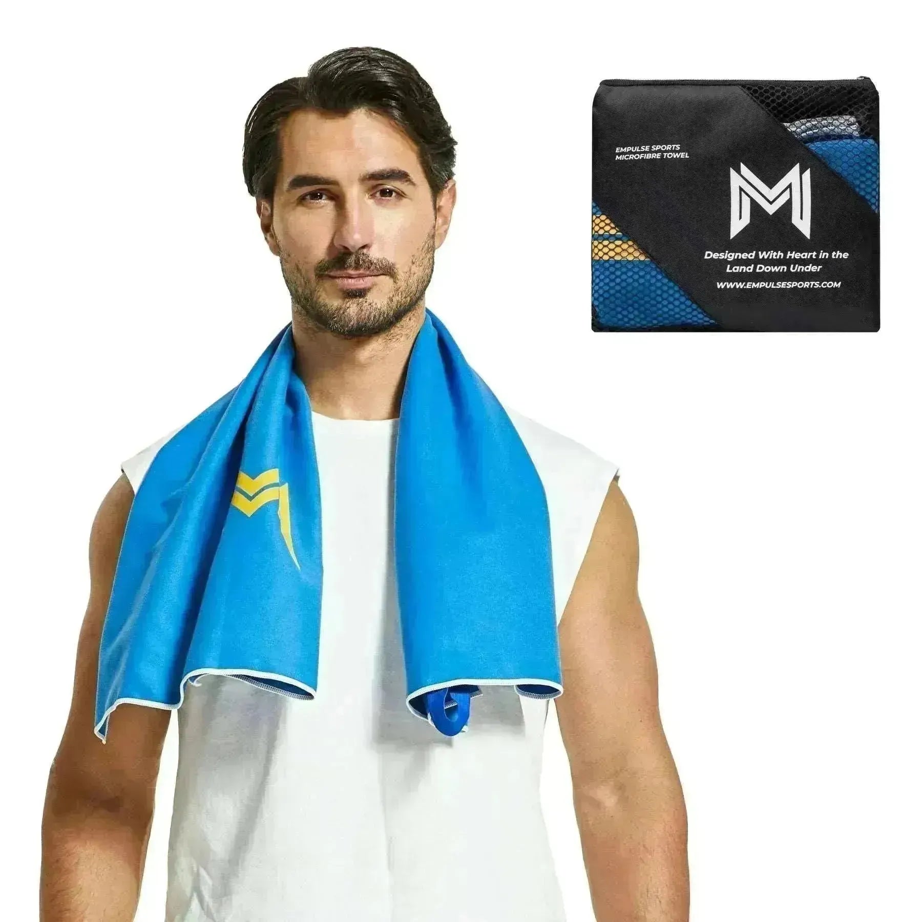 Studio pose with Empulse™ Midnight Burn towel featuring bold yellow M logo