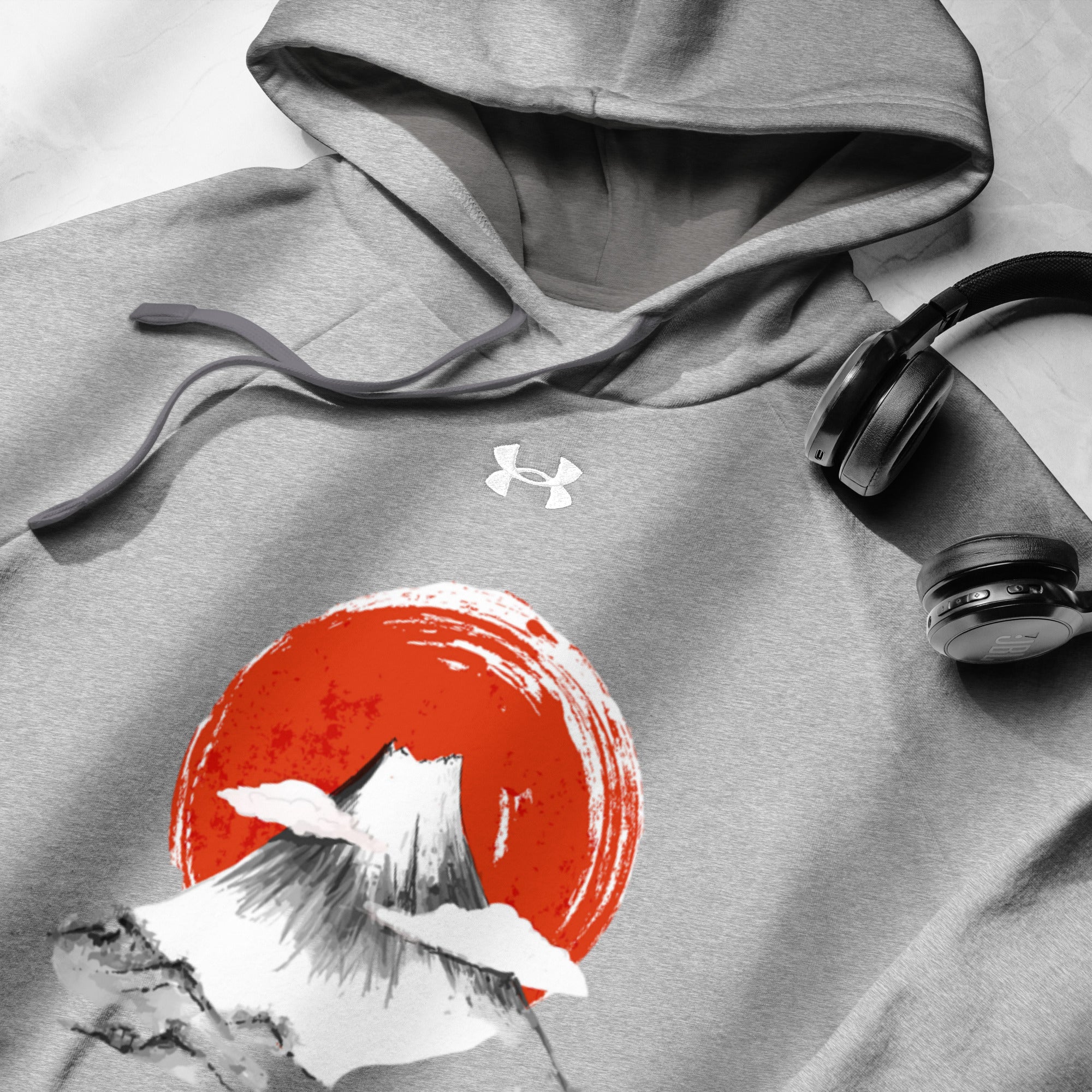 Close-up of drawstrings and collar on grey Empulse® Mt Fuji Japan Hoodie
