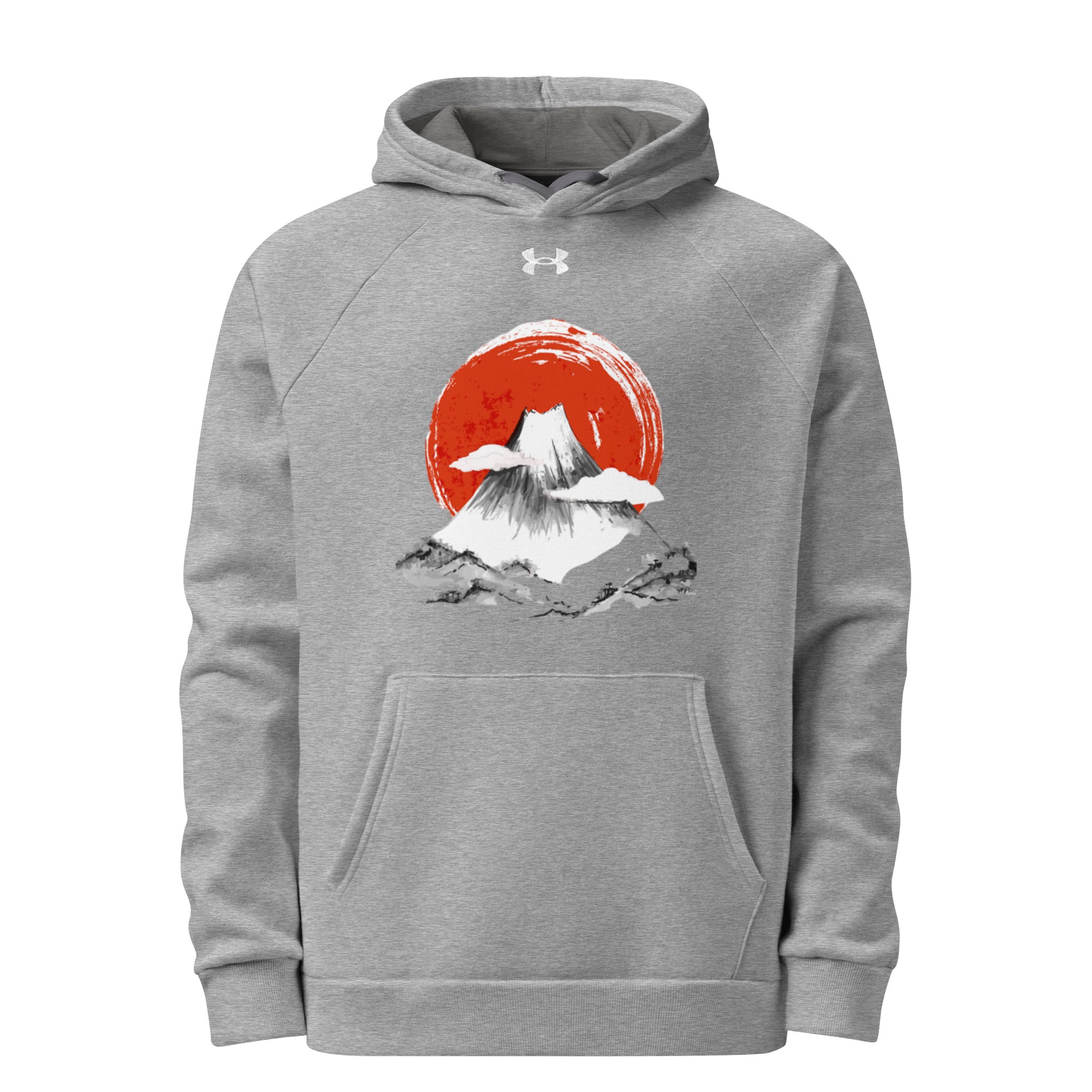 Flat lay of grey Empulse® Mt Fuji Japan Hoodie with bold red graphic