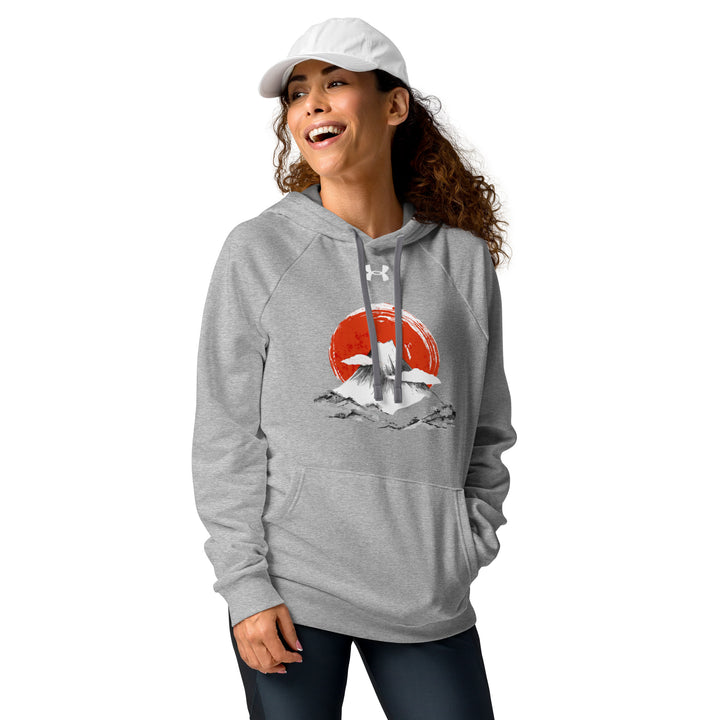 Female model front view in grey Empulse® Mt Fuji Japan Hoodie with scenic print