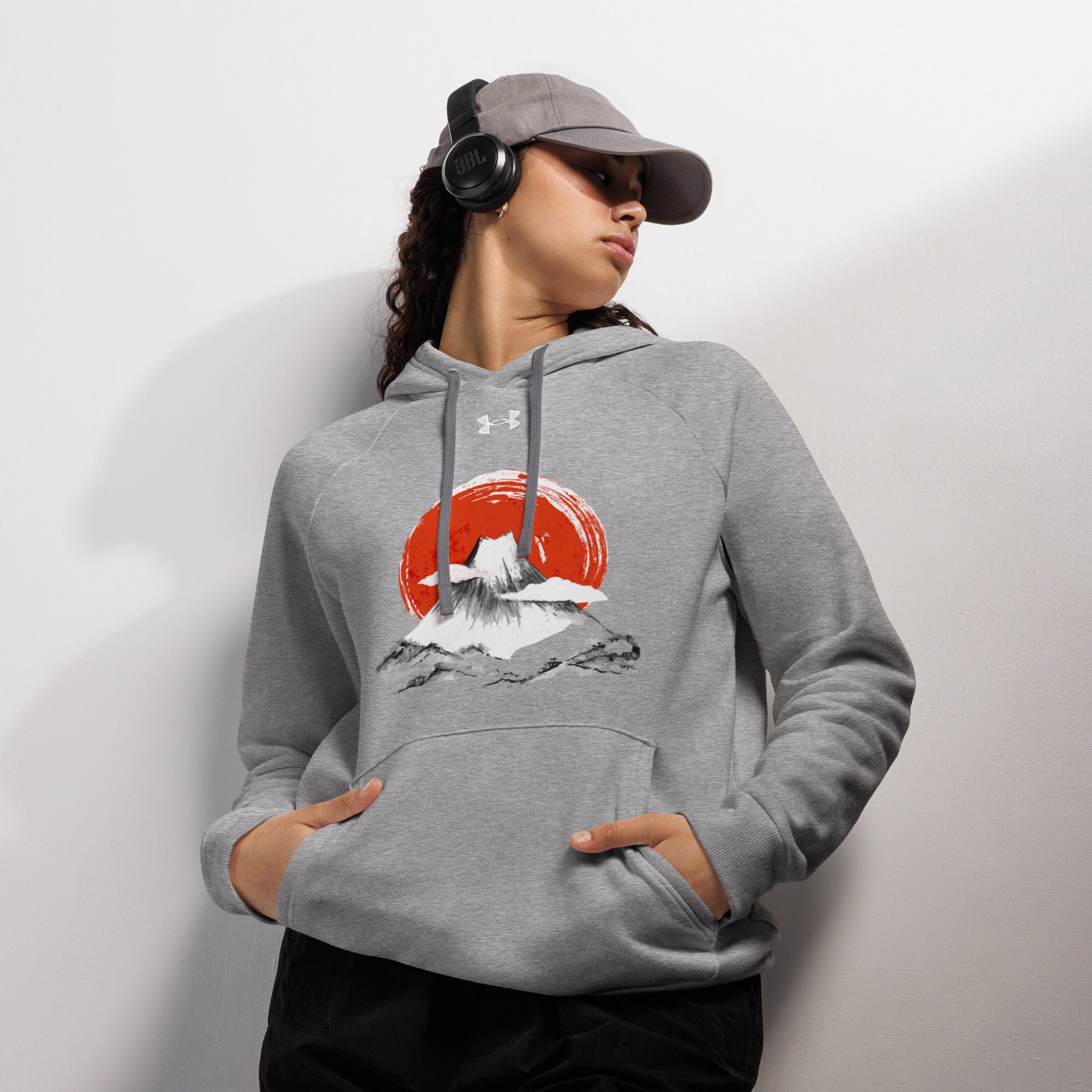 Side pose in grey Empulse® Mt Fuji Japan Hoodie with iconic Japanese design
