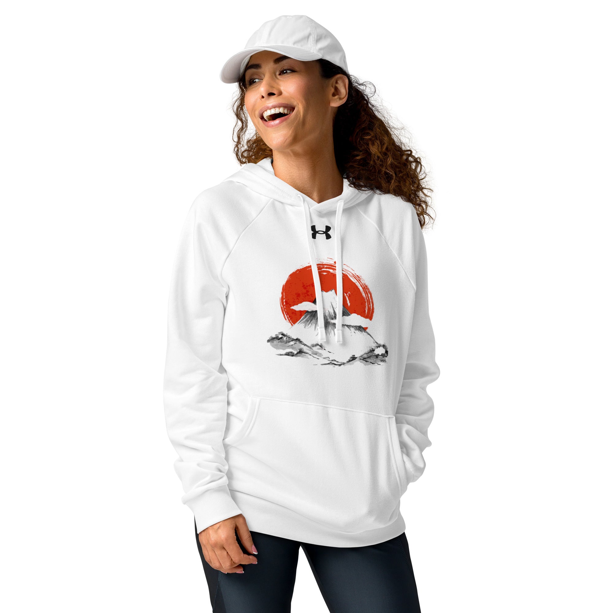Female model smiling in white Empulse® Mt Fuji Japan Hoodie with red rising sun graphic