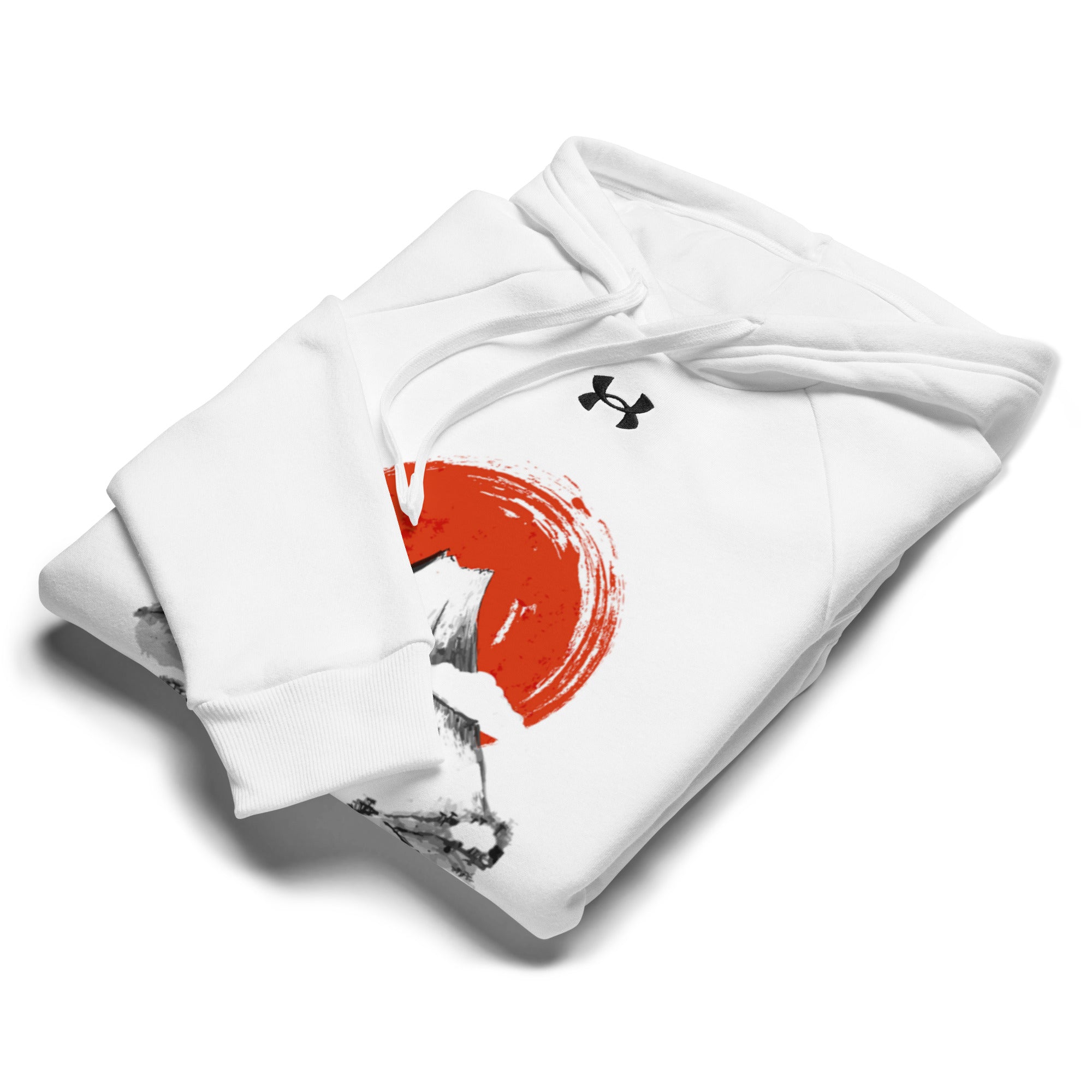Folded white Empulse® Mt Fuji Japan Hoodie with mountain and sun illustration