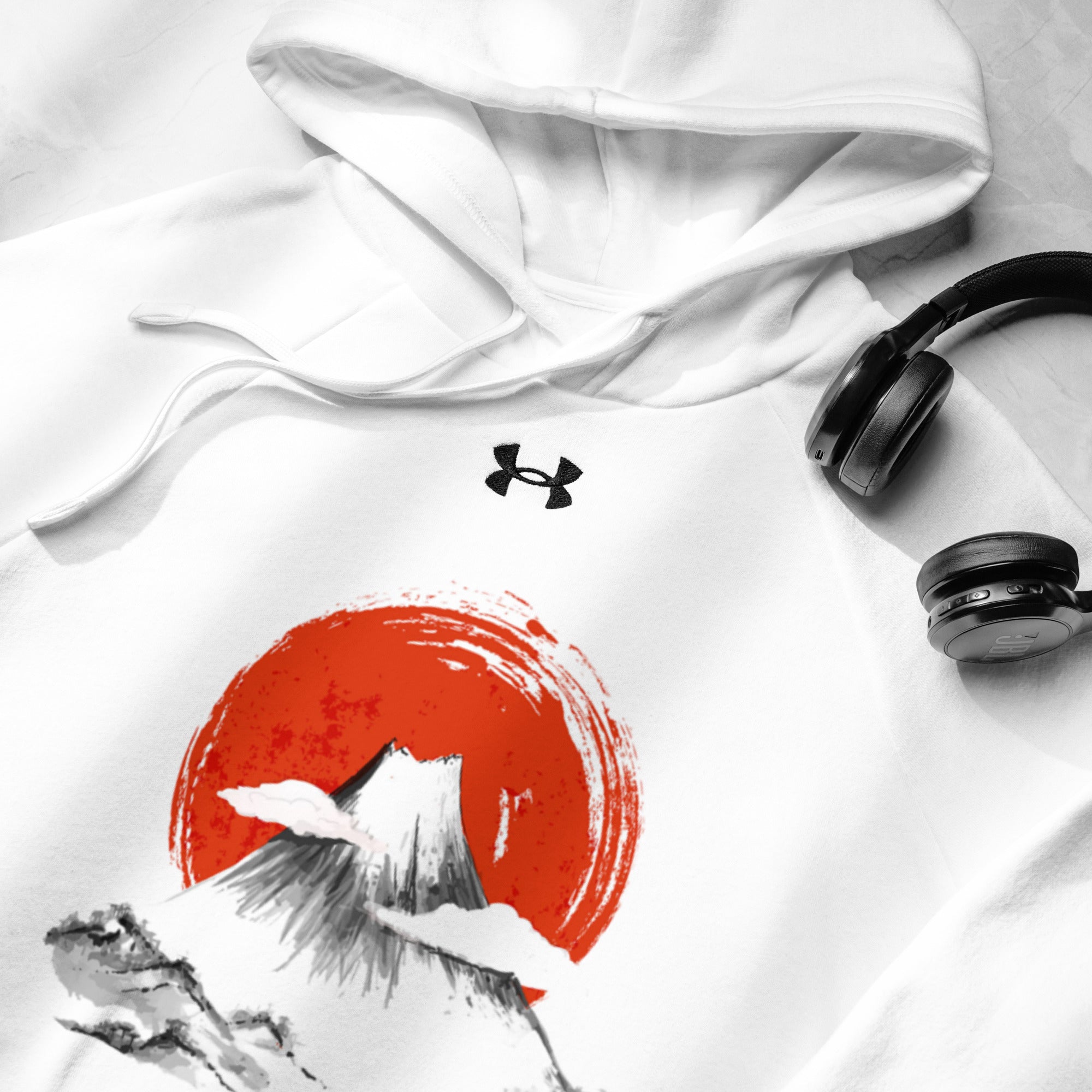 Hood and neckline detail of white Empulse® Mt Fuji Japan Hoodie