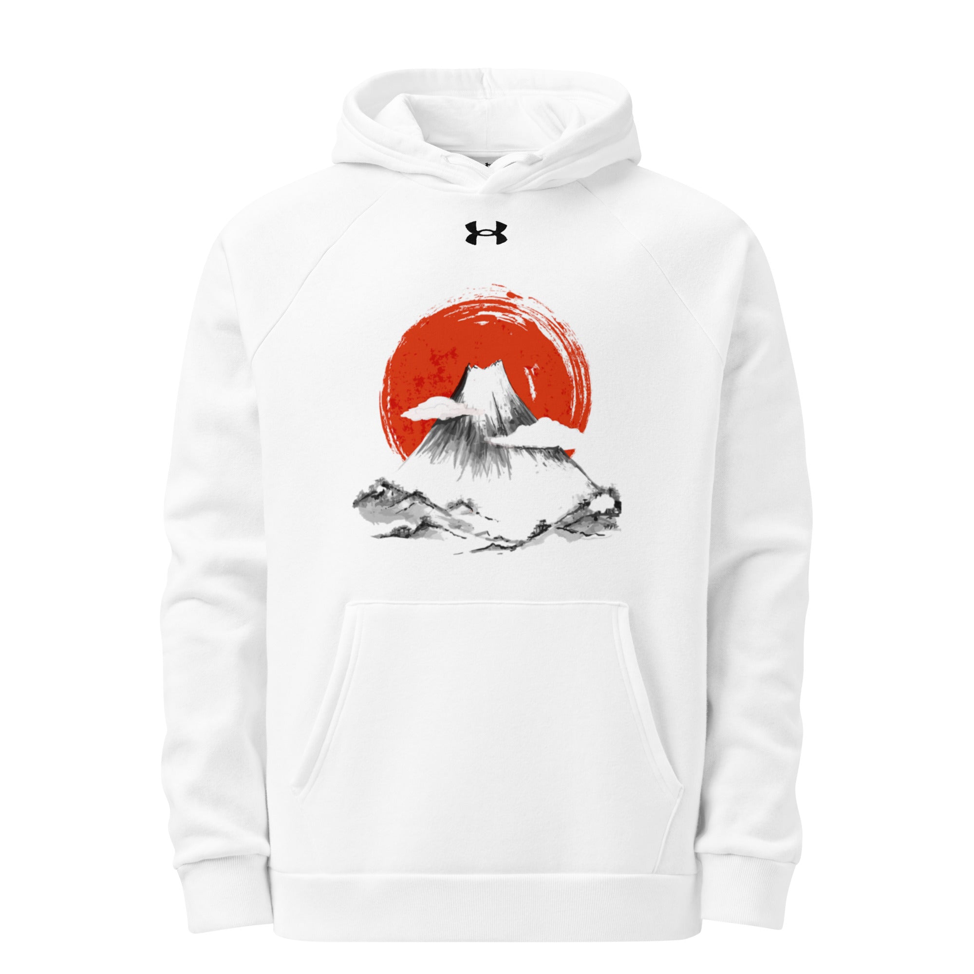 Woman posing in white Empulse® Mt Fuji Japan Hoodie with hands in pocket