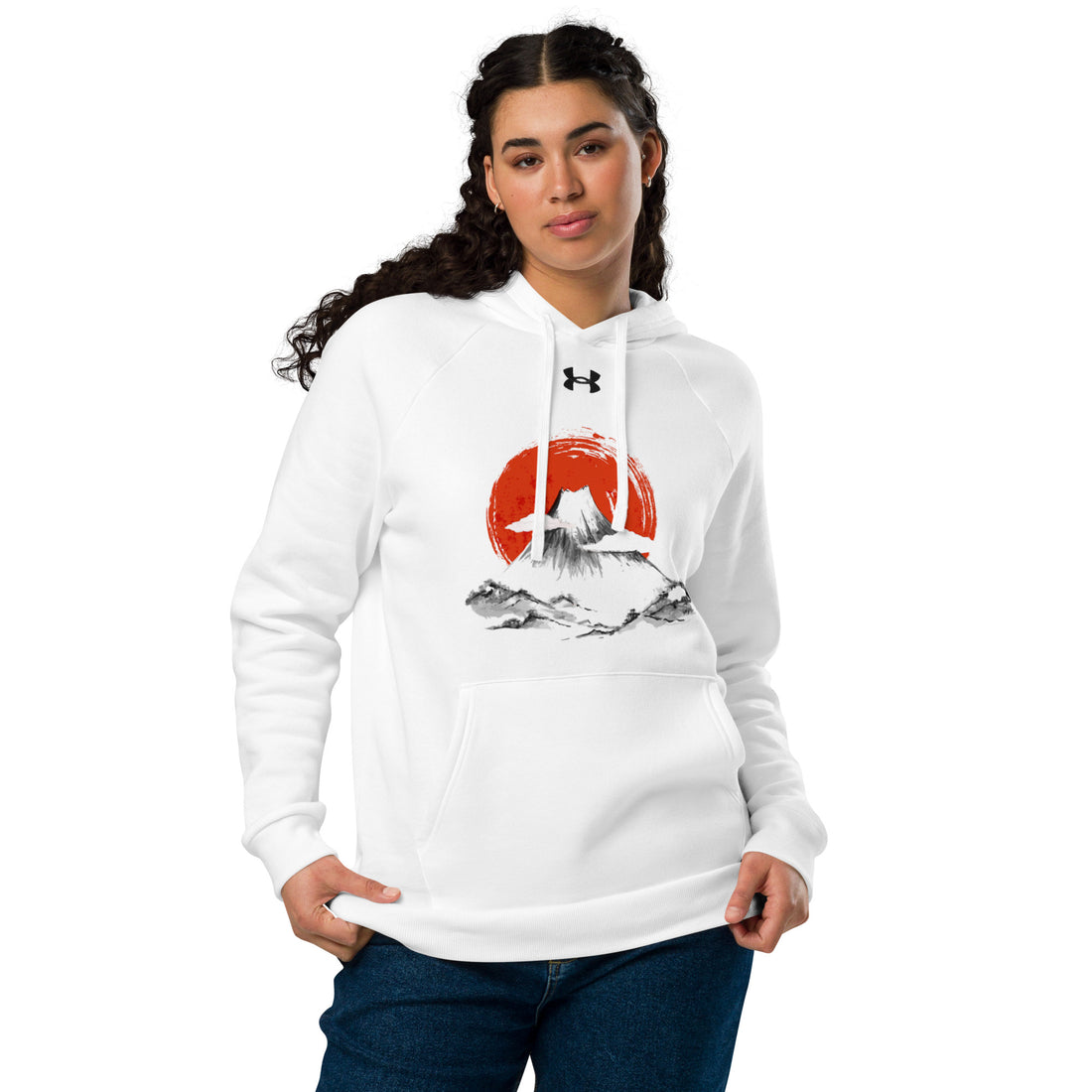 Close-up of Empulse® Mt Fuji Japan Hoodie graphic featuring Mt Fuji and red sun