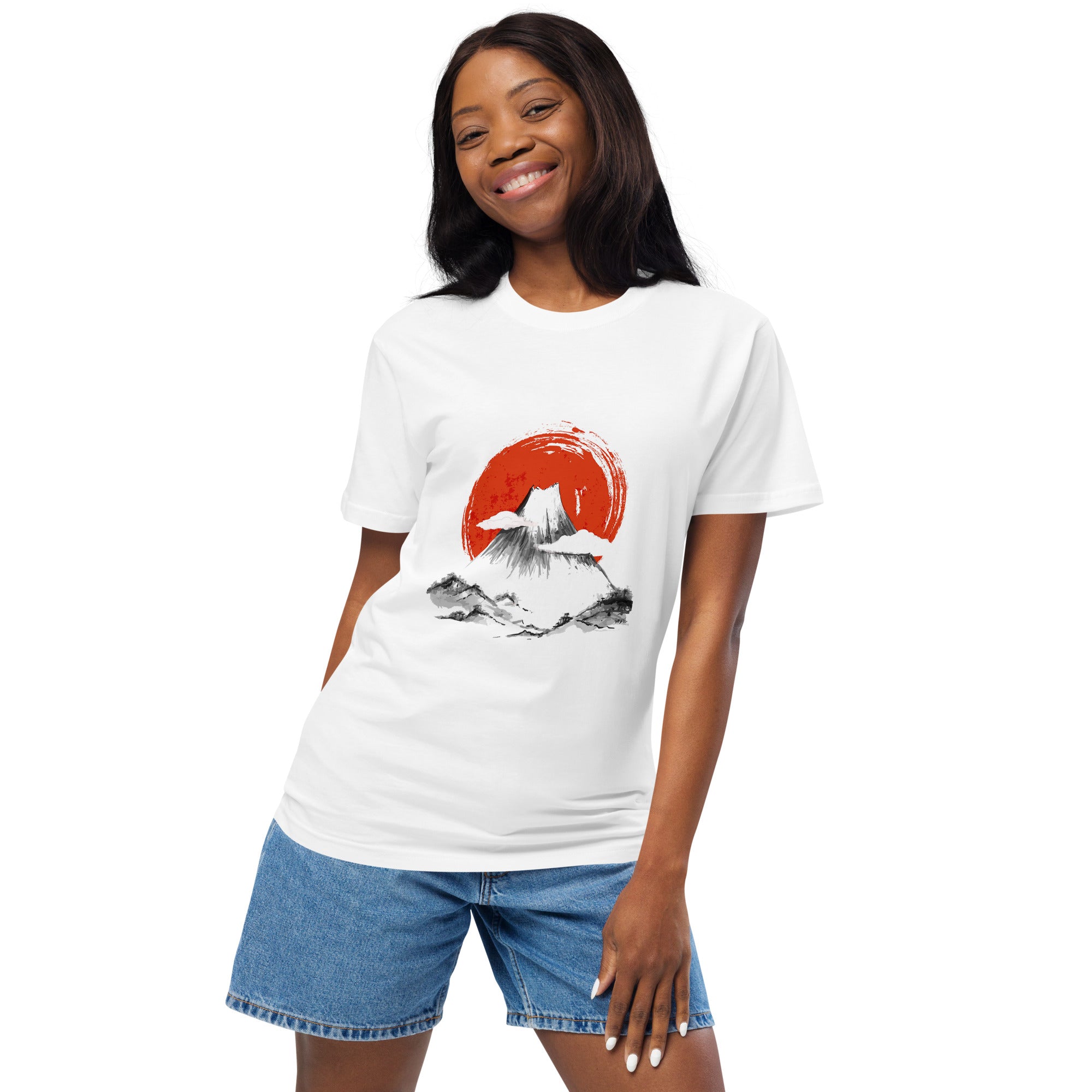 Side view of a smiling female model in Empulse® Mt Fuji Rising Sun tee with minimalist Japanese style 