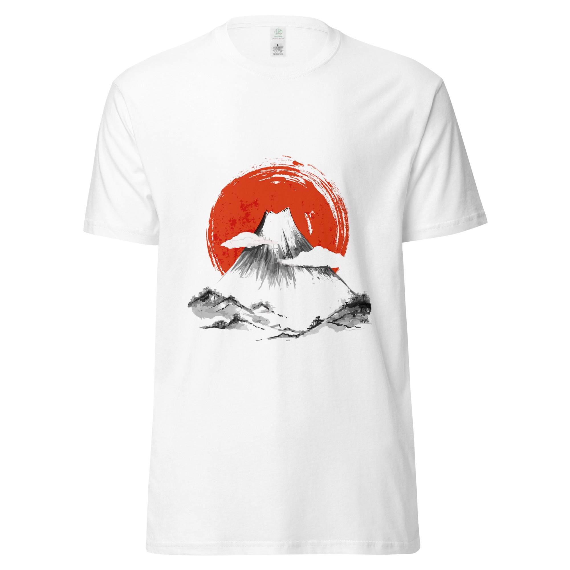 Flat lay front of Empulse® Mt Fuji Rising Sun Tee in white with Japanese artwork