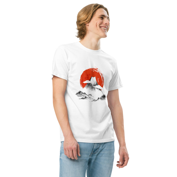 Male model smiling in Empulse® Mt Fuji Rising Sun Tee featuring red sun and mountain design
