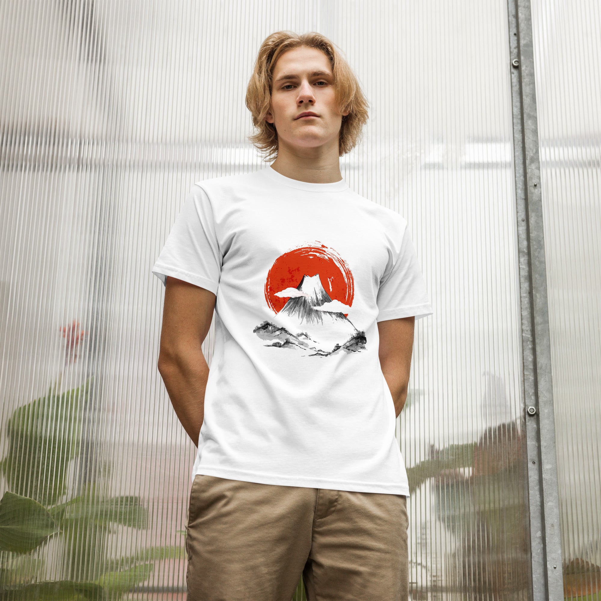 Male model standing in Empulse® Mt Fuji Rising Sun graphic tee