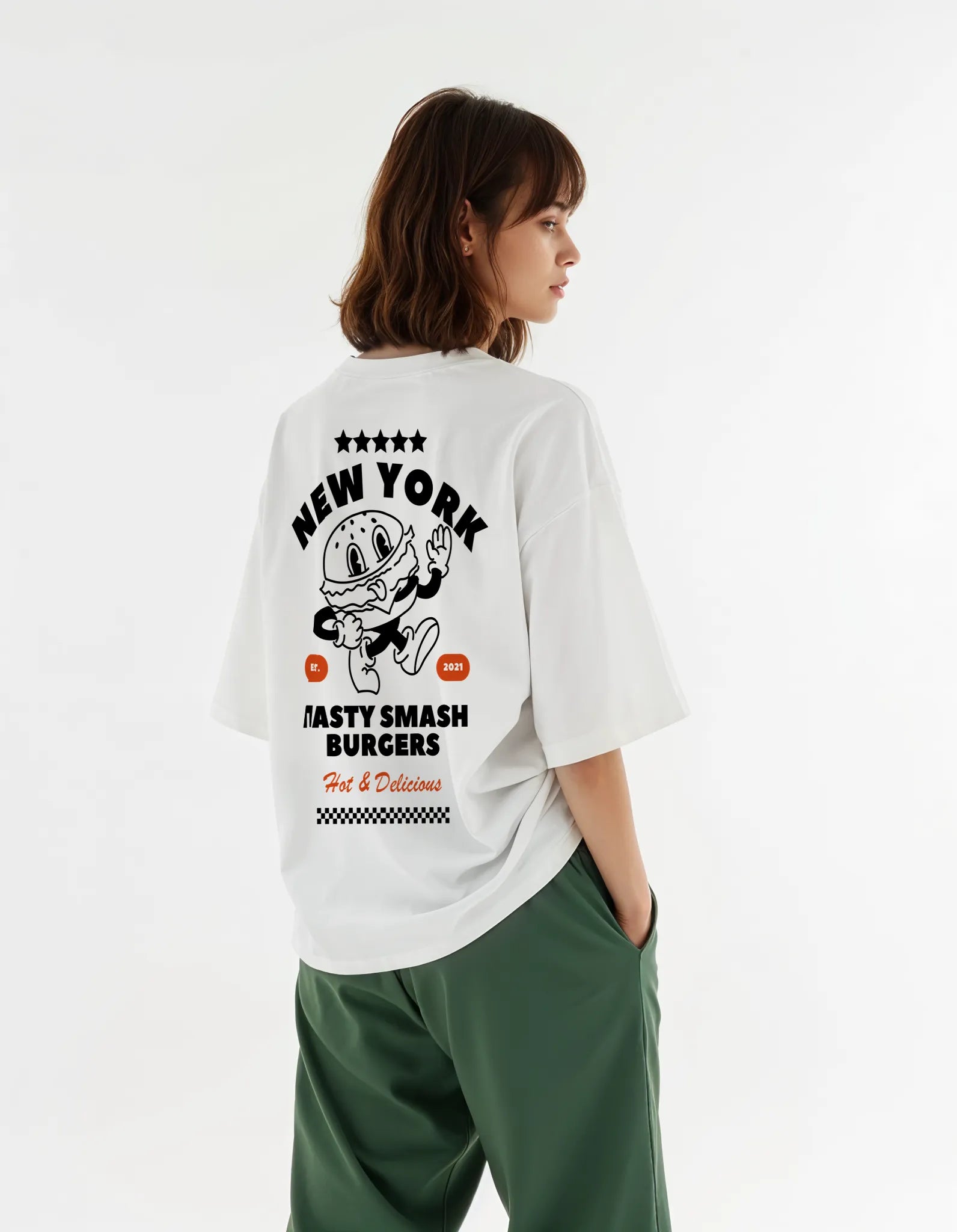 Empulse™ New York Burger Sorona t-shirt featuring full NYC diner graphic on back worn by female model