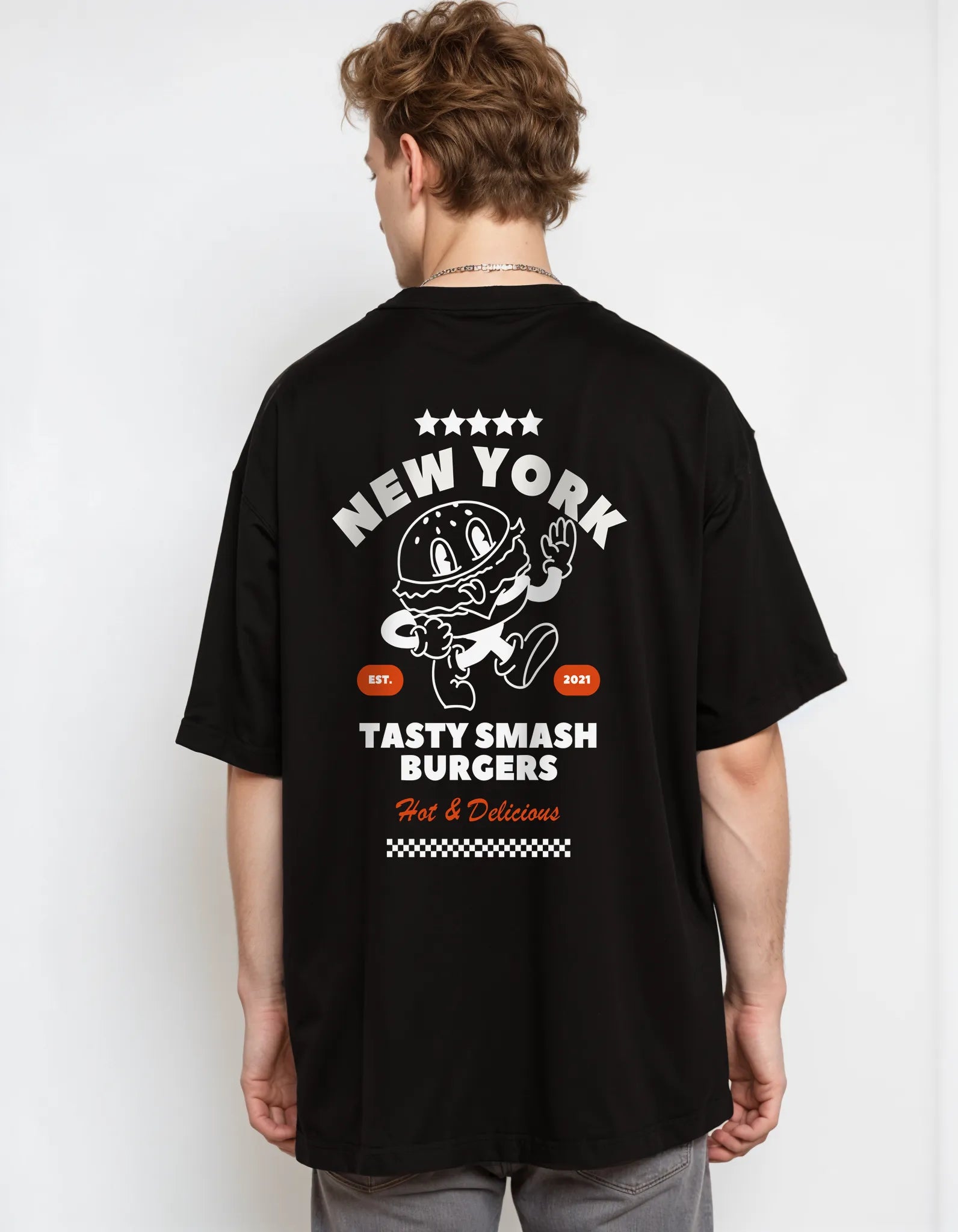 Empulse™ black NYC Burger Sorona t-shirt styled with bold back graphic and flame accents

