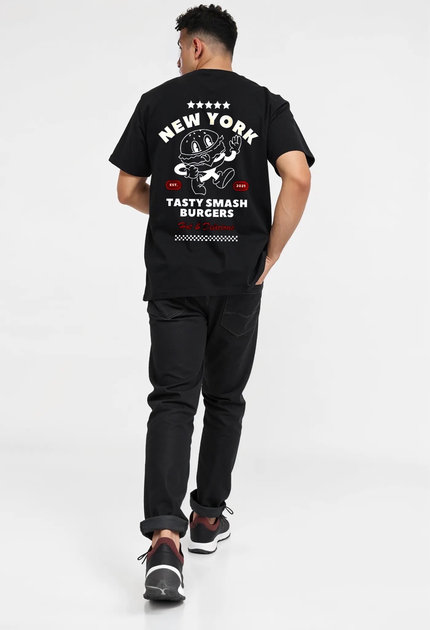  Full-length back view of Empulse™ NYC Sorona tee in black with diner burger print