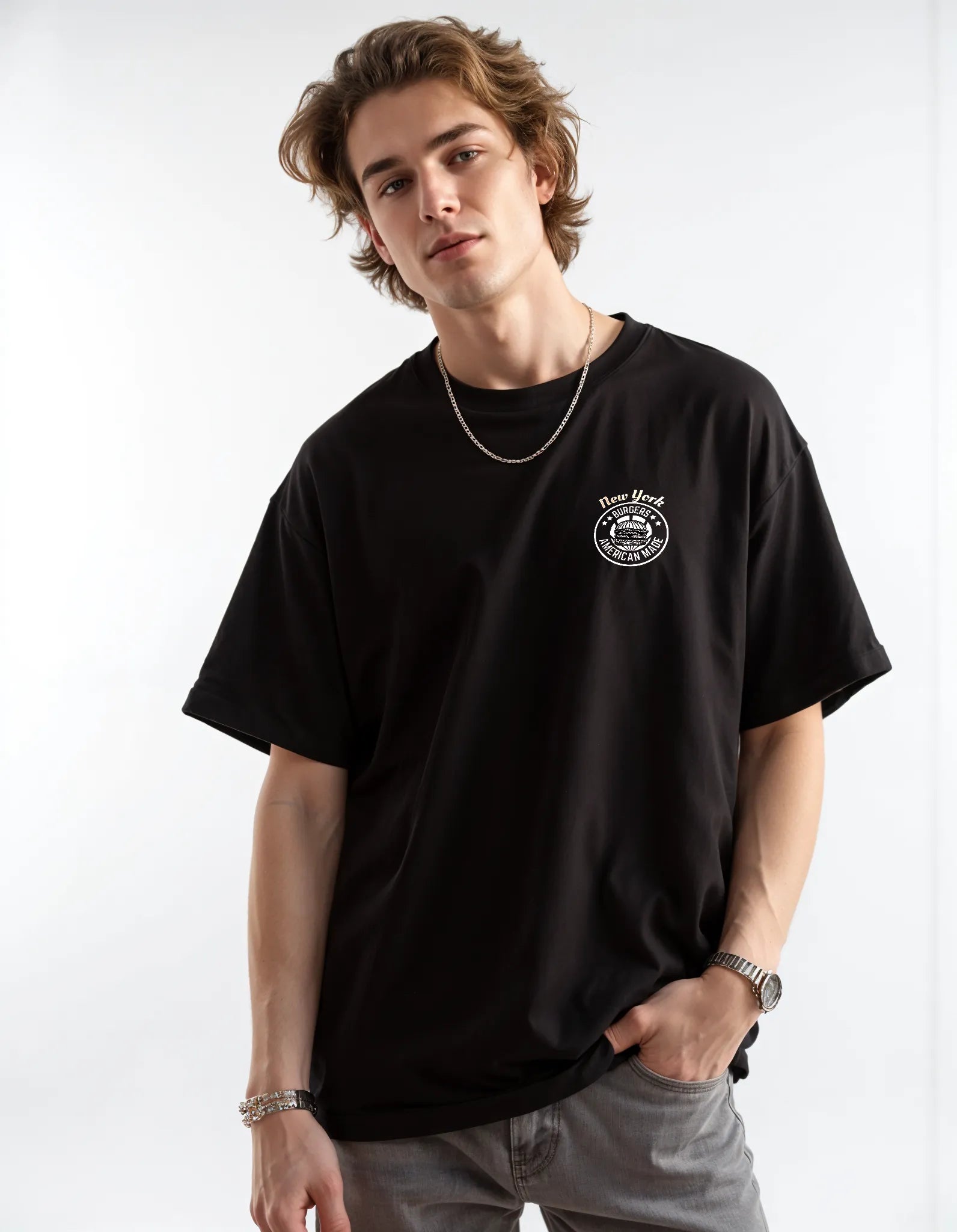 Empulse™ NYC Burger Sorona t-shirt in black styled by male model in casual stance