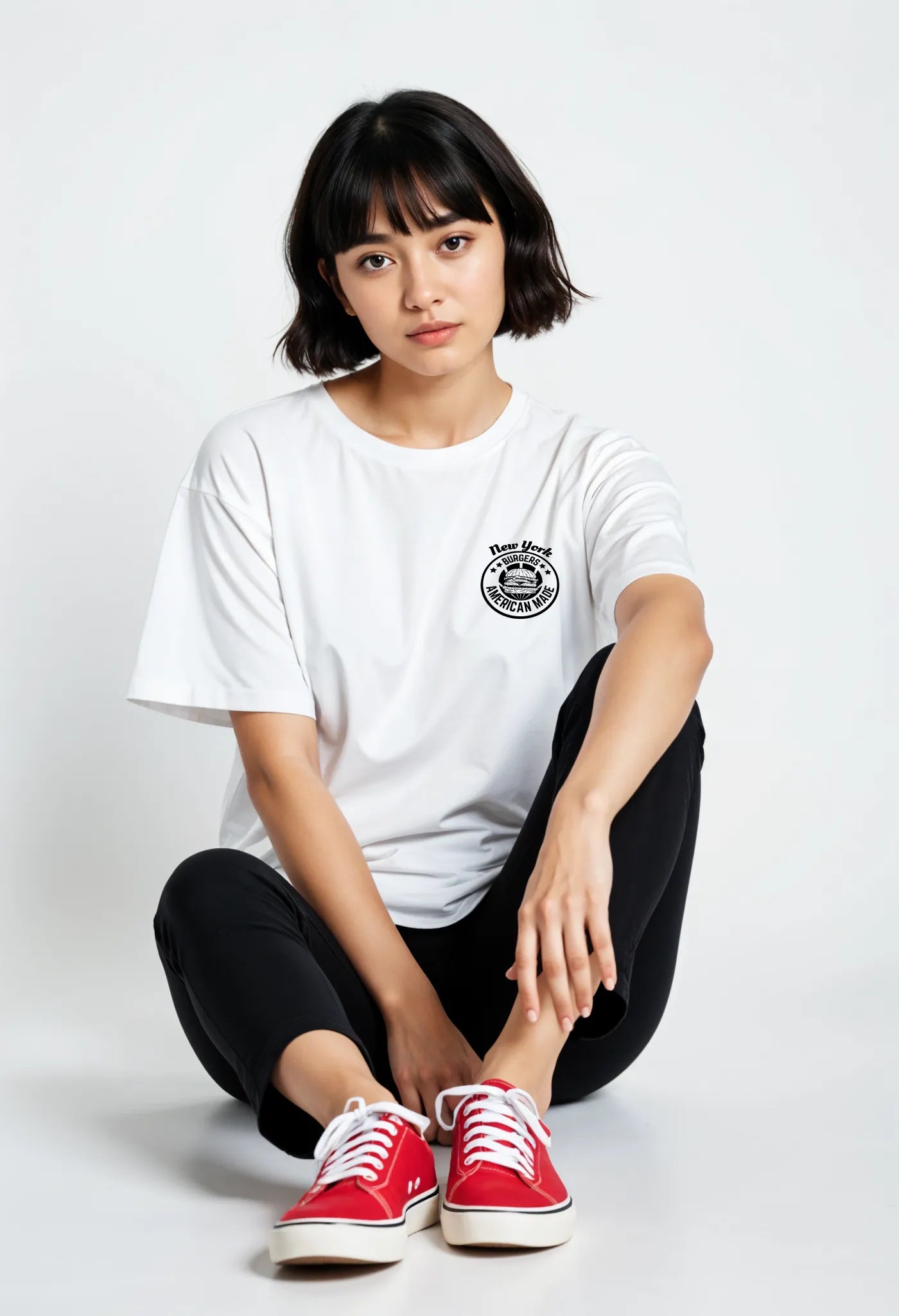 Empulse™ NYC Burger Sorona t-shirt worn by female model seated casually with sneakers

