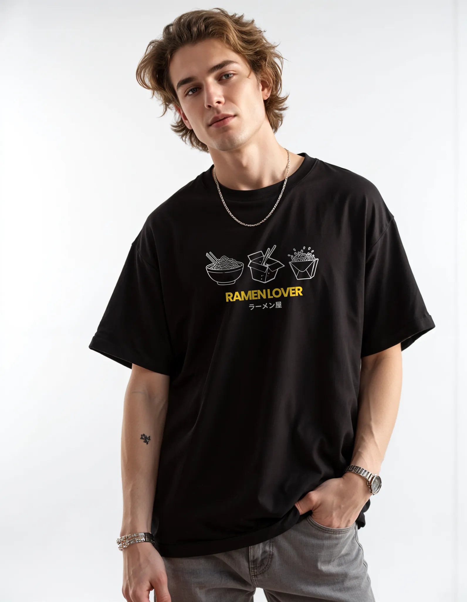 Empulse™ black ramen graphic tee styled with oversized drop shoulder streetwear fit

