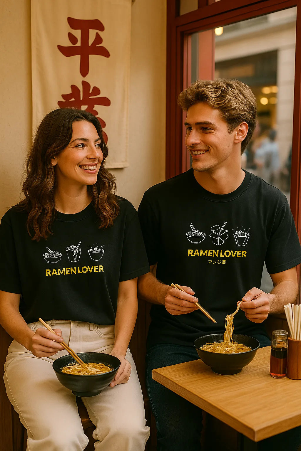 Empulse™ Oishii Ramen t-shirts in black Sorona cotton blend worn by two models in restaurant setting
