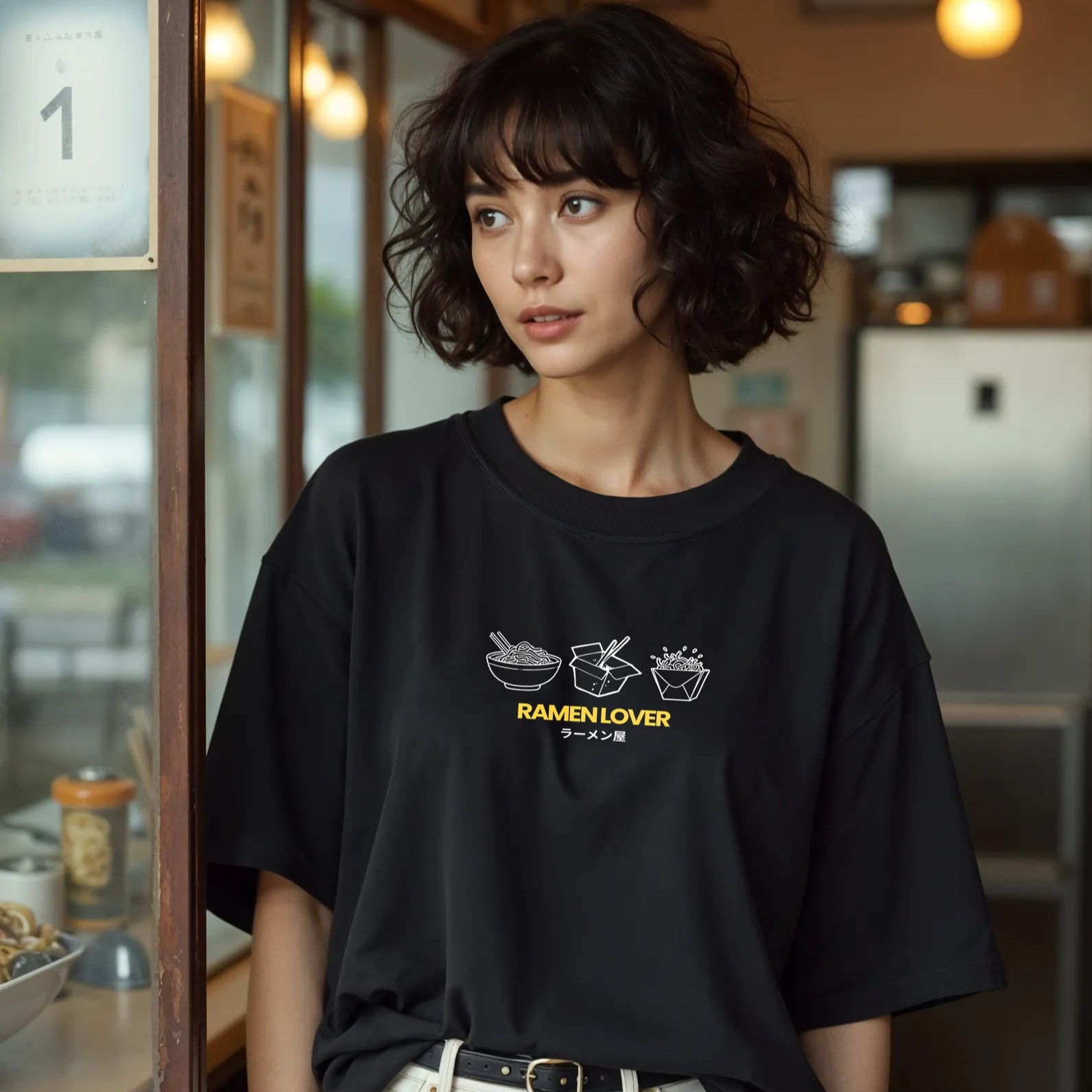 Empulse™ black ramen tee made with Sorona styled casually by female model in café setting