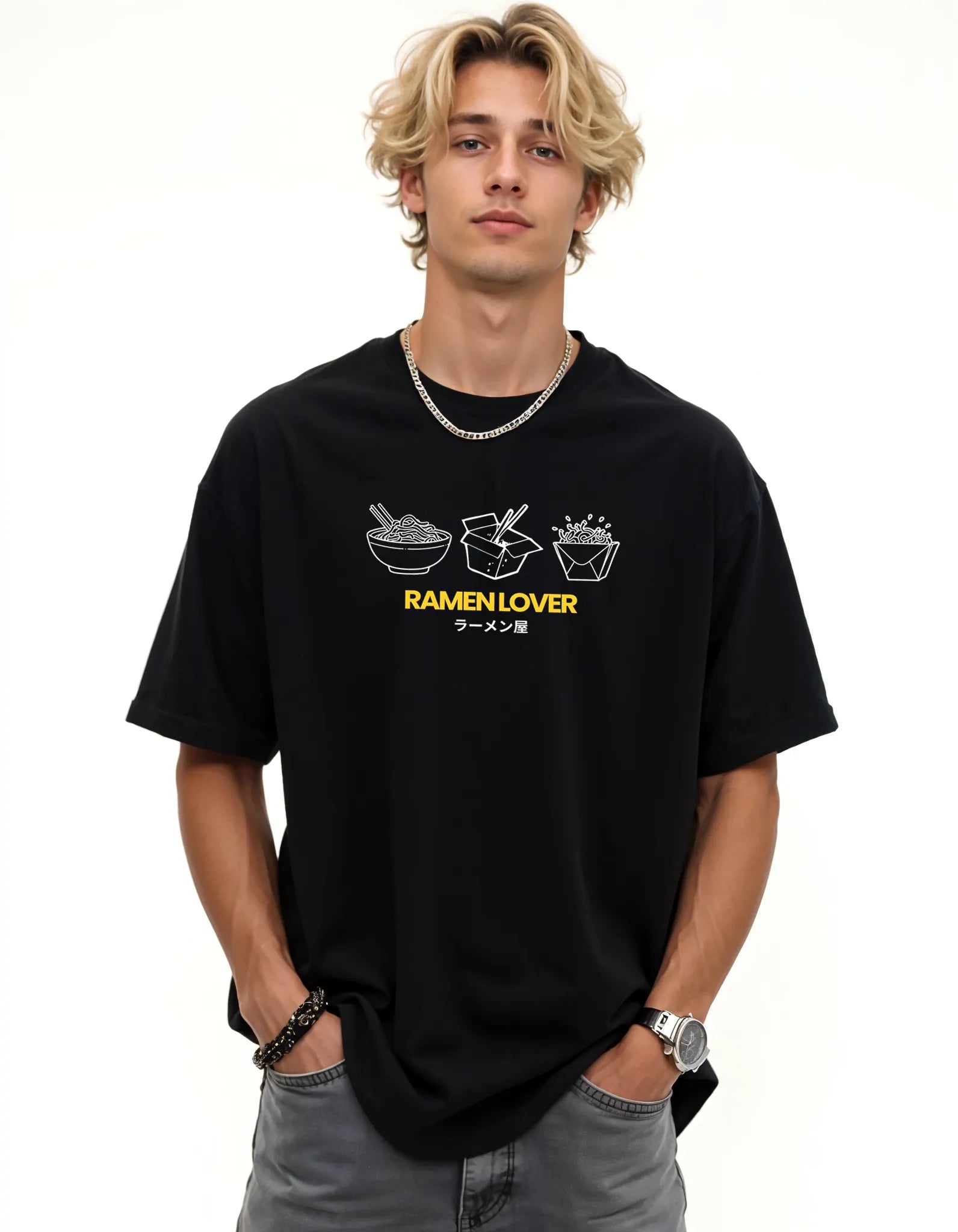 Empulse™ Oishii Ramen t-shirt in black Sorona blend with ramen print worn by male model front-facing