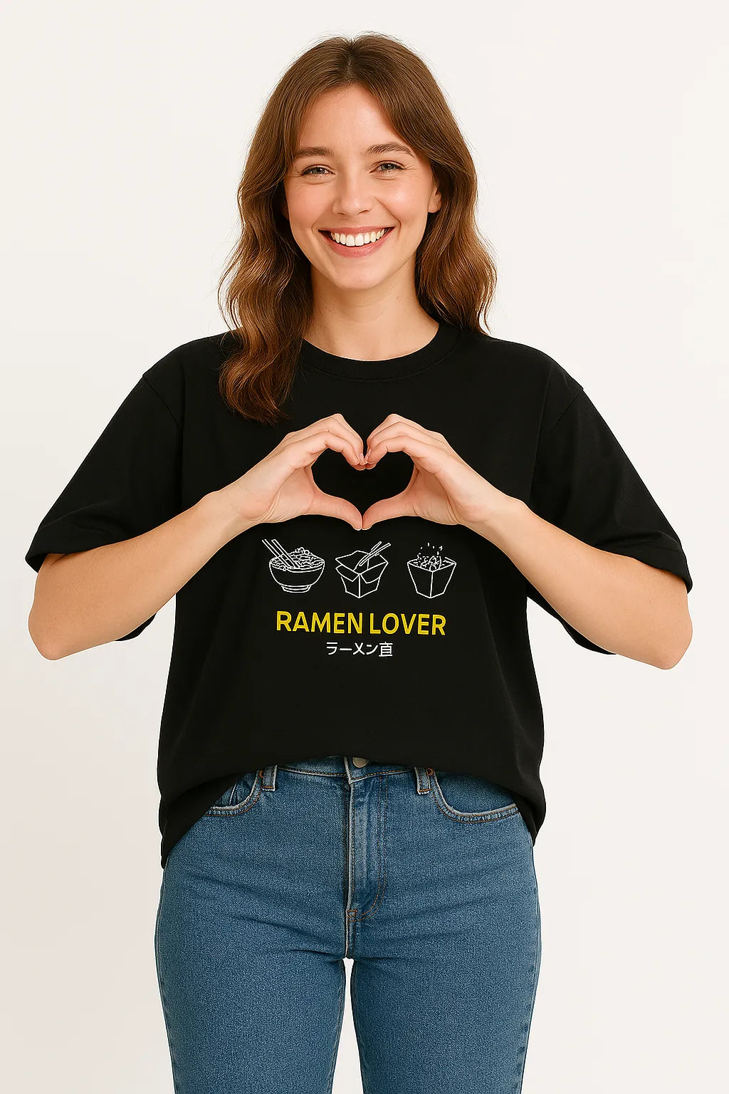 Empulse™ Sorona ramen t-shirt in black with ramen print, worn by model making heart hand gesture