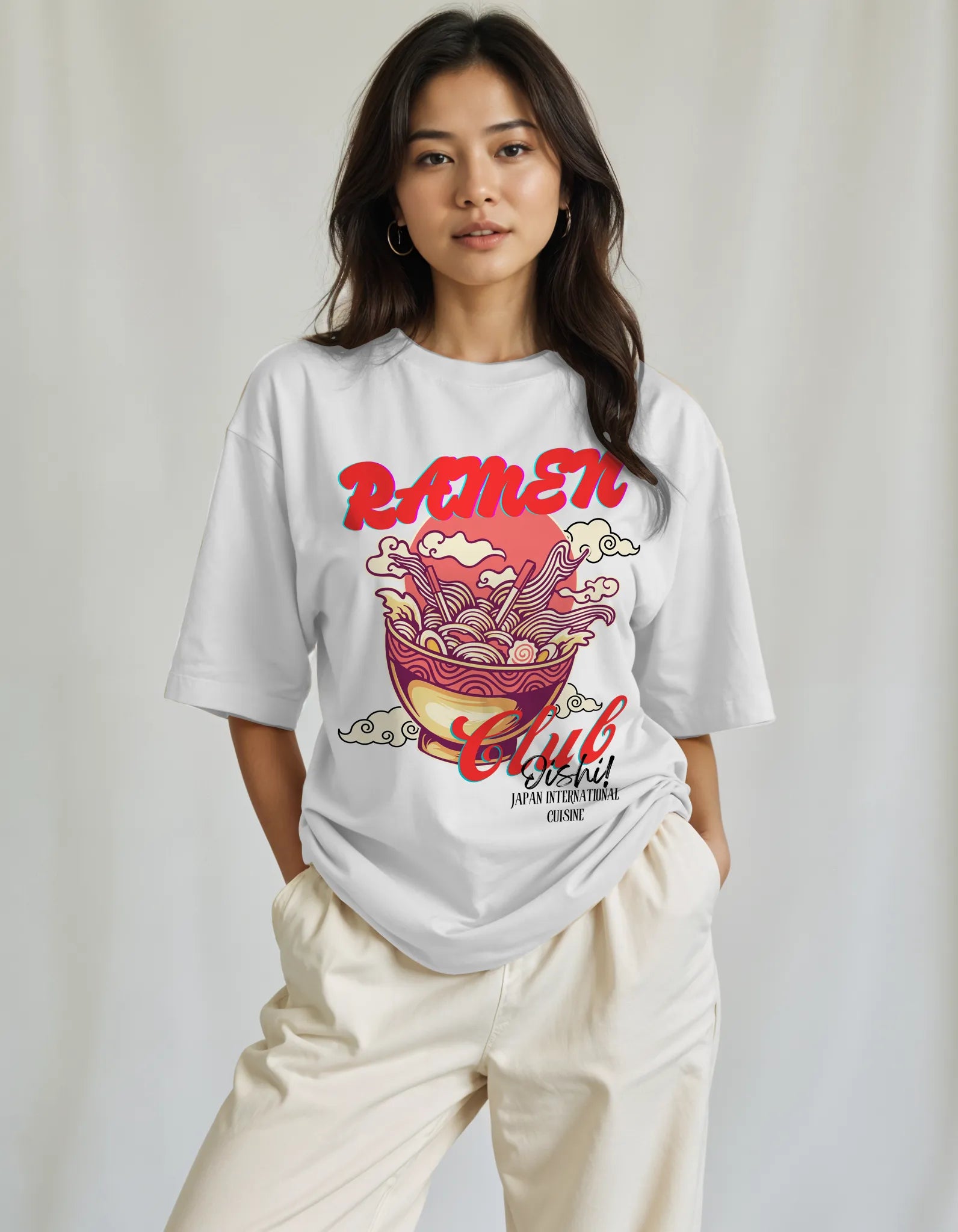 Empulse™ Oishii Ramen Sorona t-shirt featuring bold ramen bowl graphic worn by female model