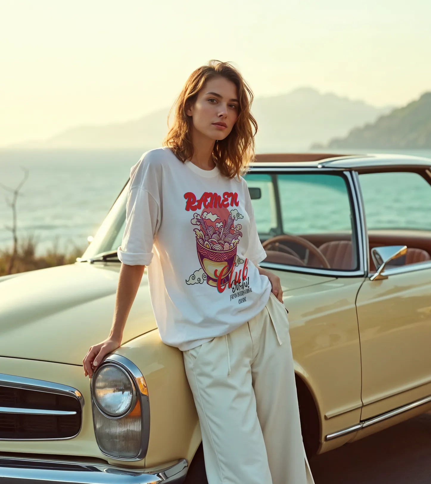 Empulse™ Oishii Ramen t-shirt made from Sorona cotton, styled in a nostalgic outdoor car scene