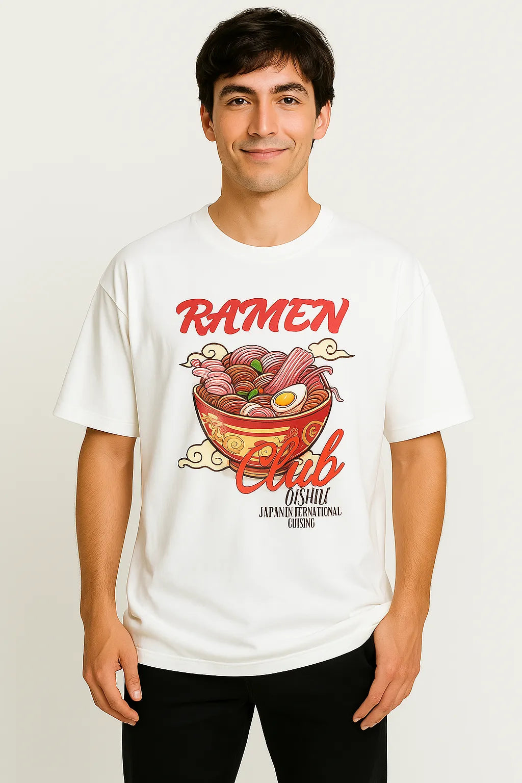 Full-length fit of Empulse™ Oishii Ramen Sorona t-shirt styled in minimalist streetwear