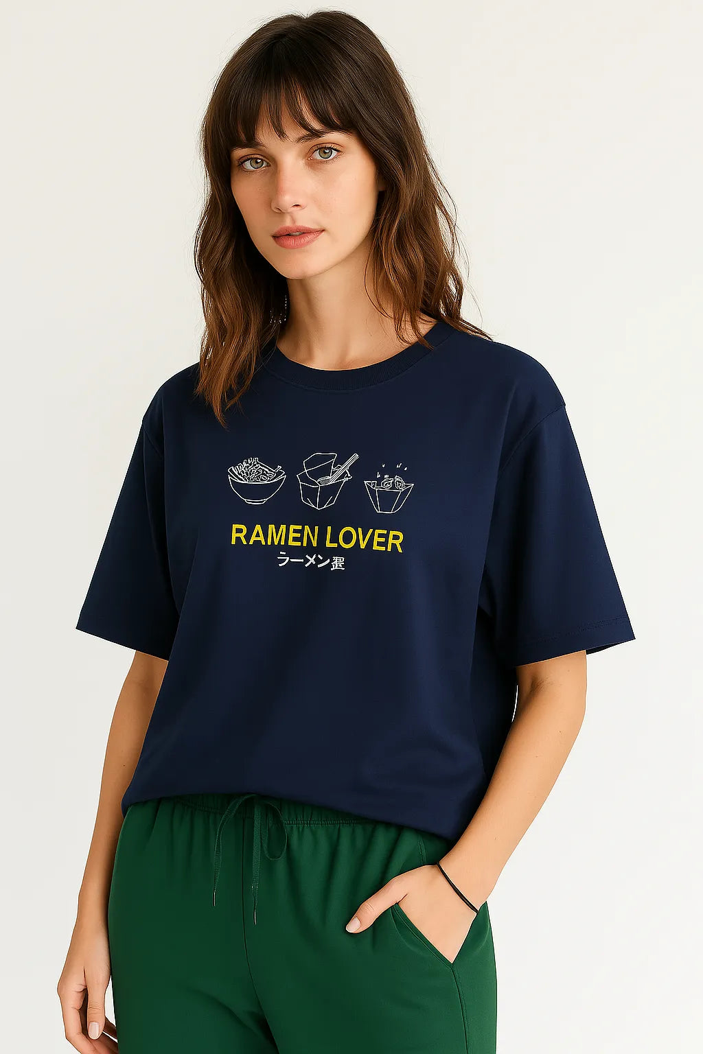 Empulse™ navy ramen graphic tee made with Sorona styled by female model front-facing