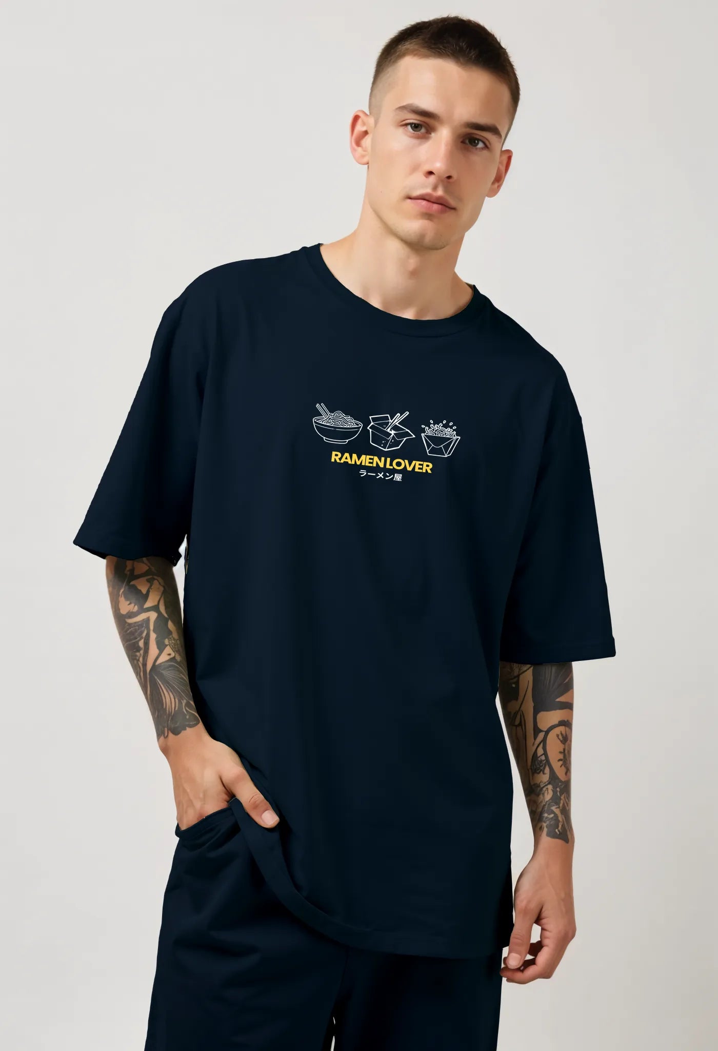 Empulse™ Oishii Ramen t-shirt in navy Sorona blend worn by male model front-facing