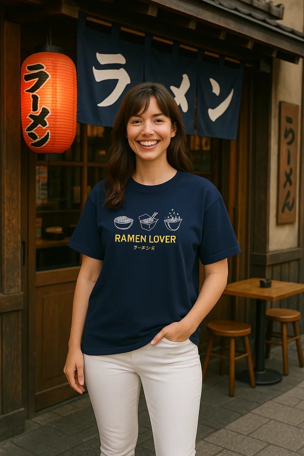 Empulse™ navy Oishii Ramen t-shirt styled in Japanese noodle shop by female model