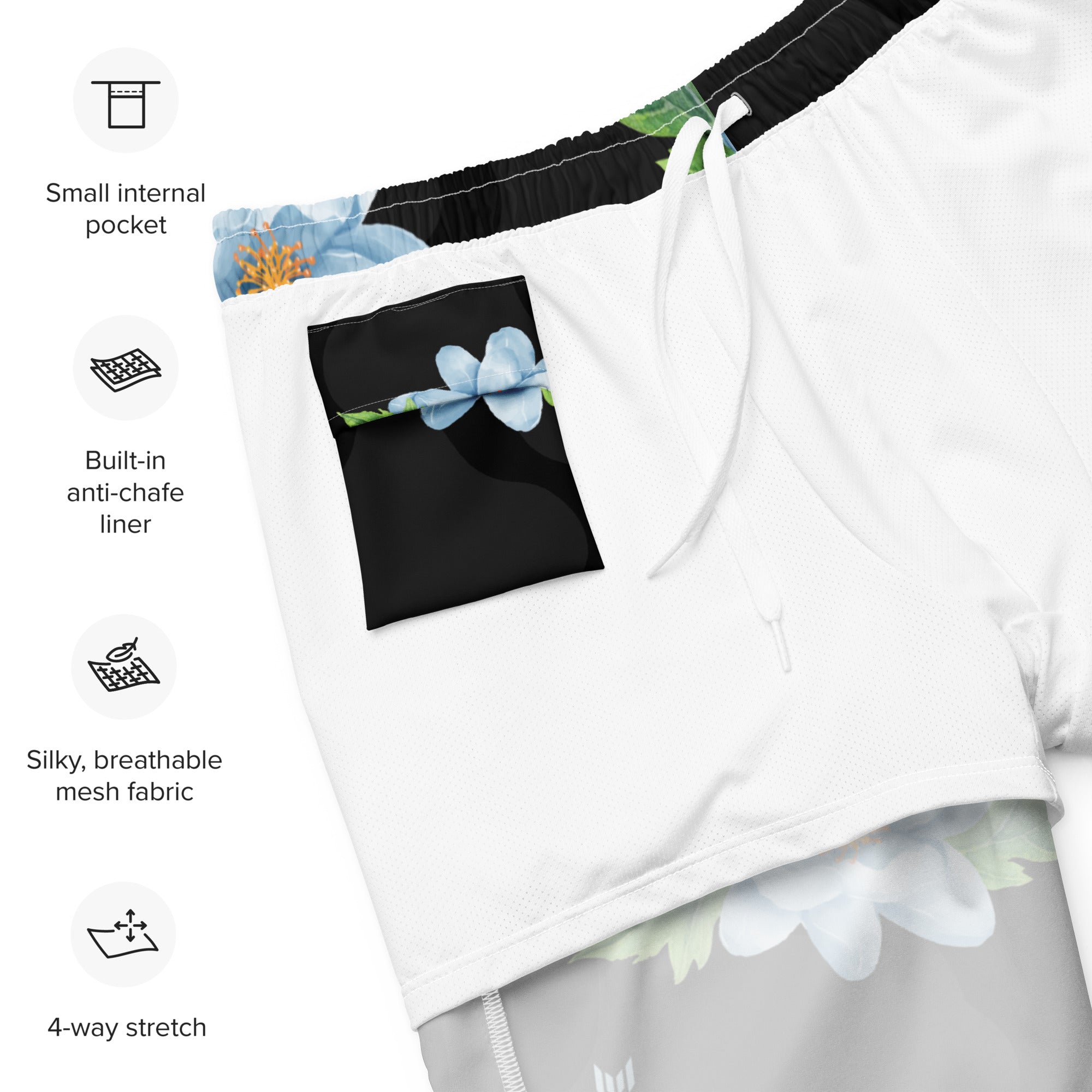 Flat lay of Empulse™ Orchids swim shorts showing internal label and waistband detail