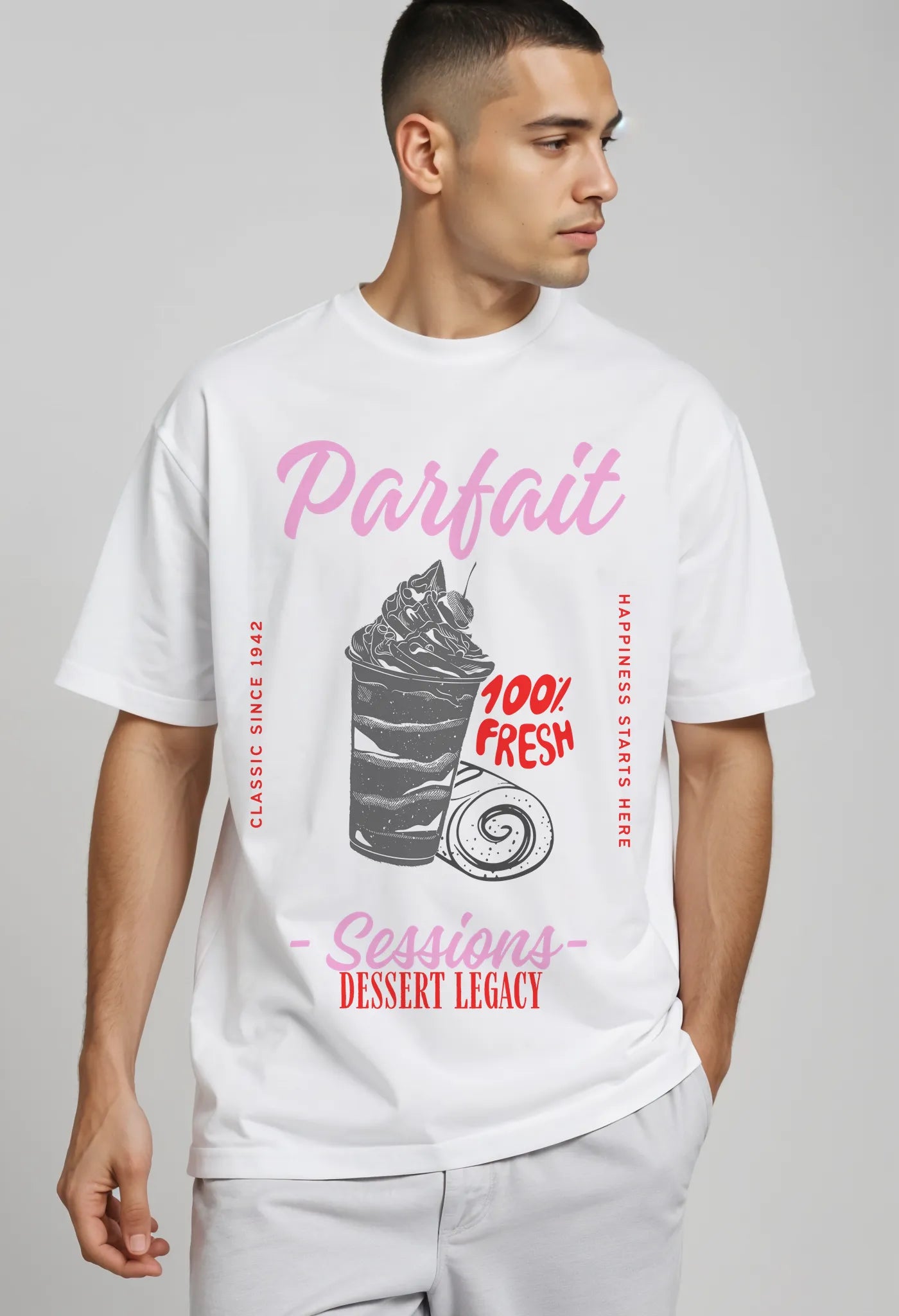 Empulse™ Parfait Sorona tee with parfait cone and slogan styled by male model side pose
