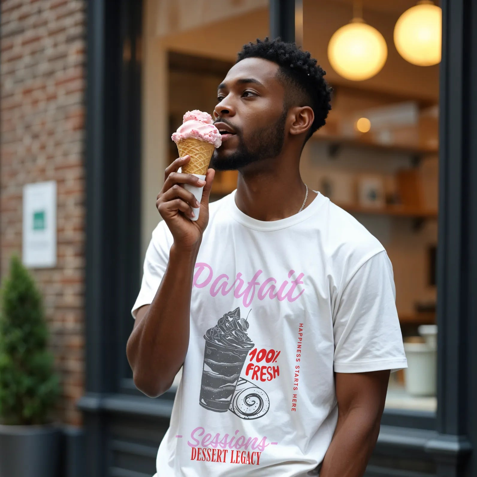 Empulse™ Parfait Sorona tee worn by model in streetwear scene while enjoying ice cream