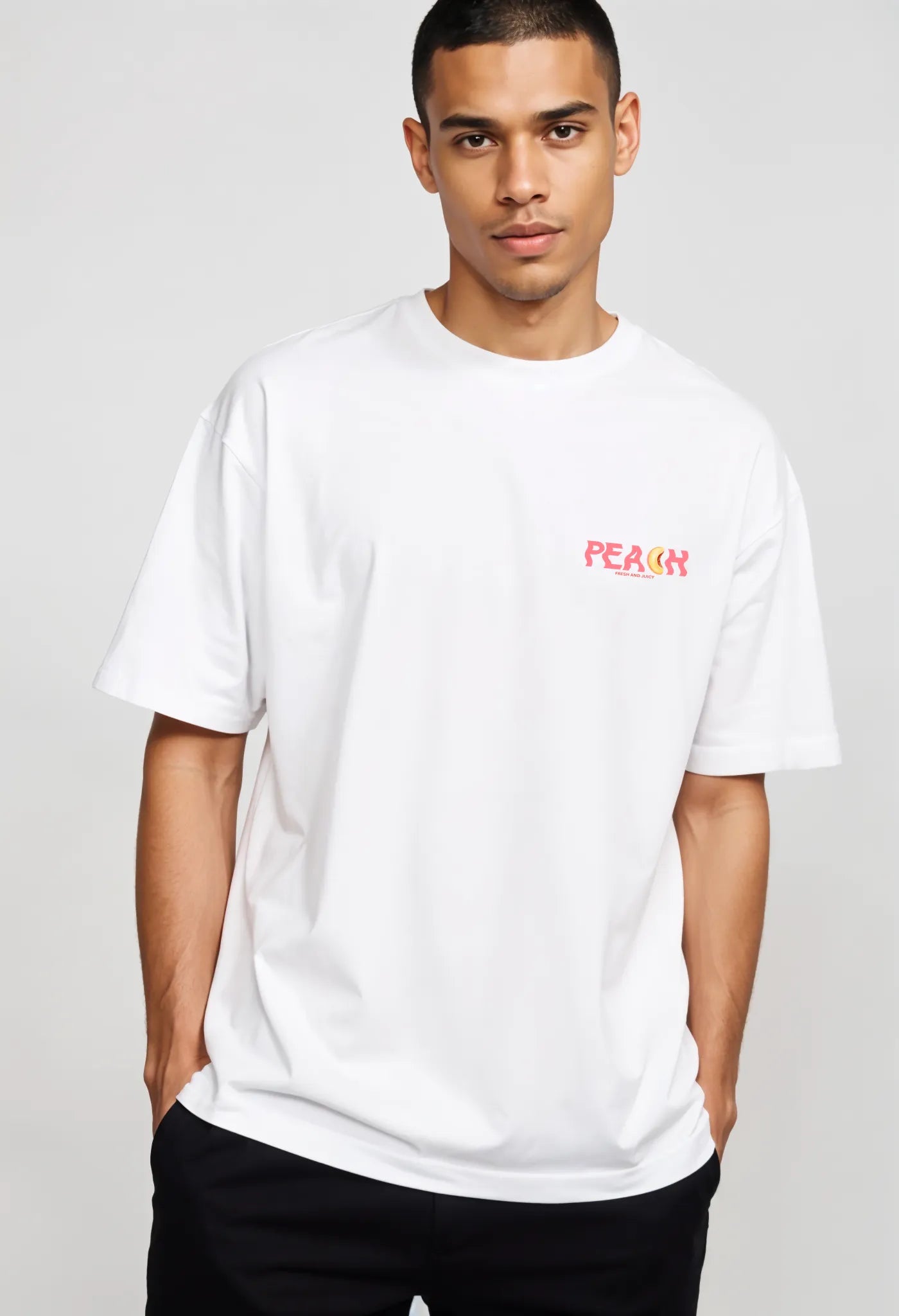Empulse™ Peach Club t-shirt in white Sorona cotton blend showing small peach text chest detail