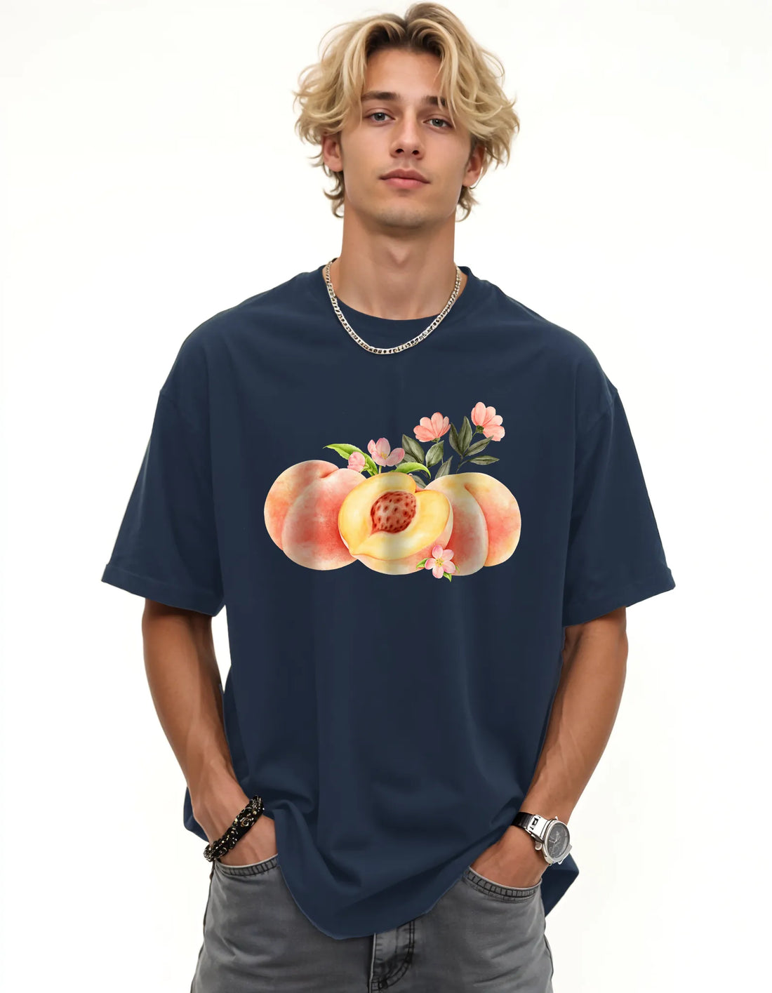 Empulse™ Peach t-shirt in navy Sorona blend featuring three-peach graphic, worn by male model front-facing