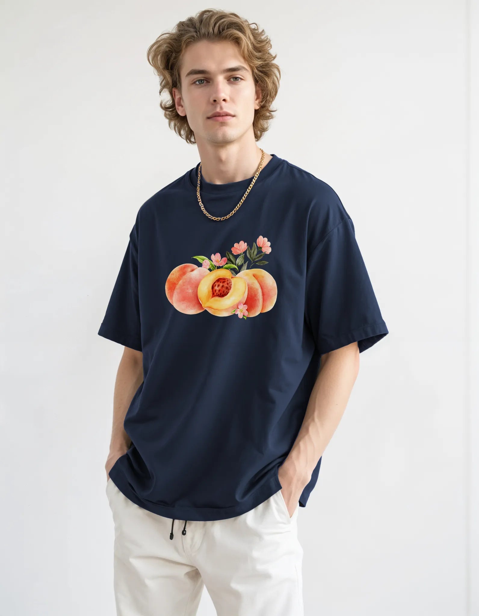 Empulse™ navy Sorona Peach tee styled by young male model in relaxed oversized fit