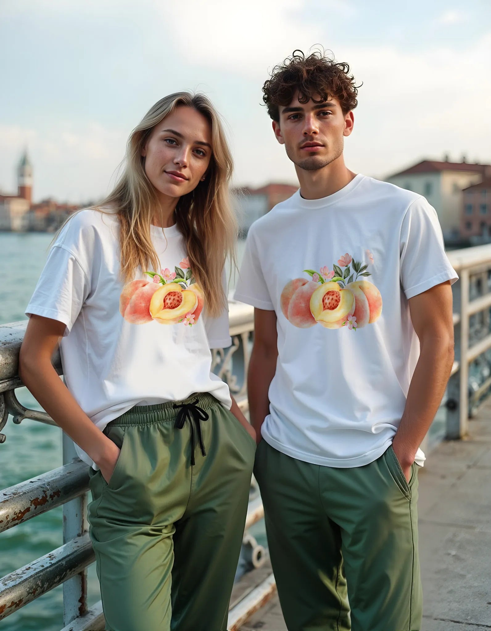 Empulse™ Sorona Peach t-shirts in white and navy worn by two models in tropical outdoor setting