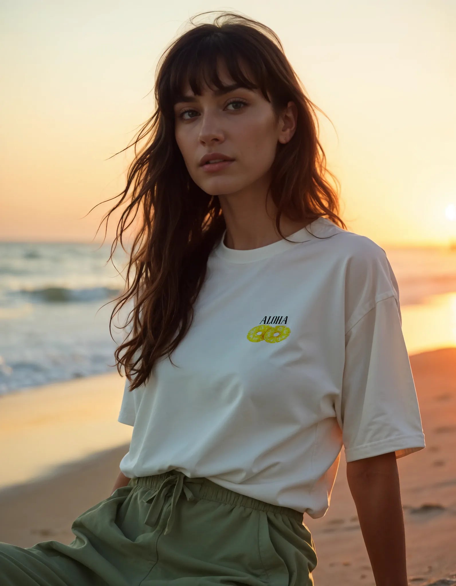 Empulse™ Pineapple Sorona tee styled in beach setting with side view and golden light